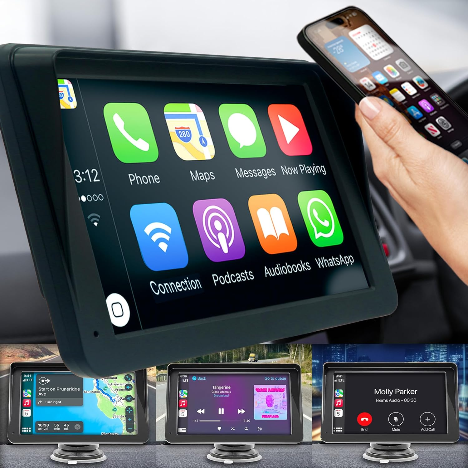 Kleva Range New 7" HD Touch Screen Portable Kleva Smartplay Automatic Multimedia Player - Apple Carplay Android Auto Wireless Audio Voice Control Car Stereo Mirror Link/Siri/Bluetooth/Navigation image number 4