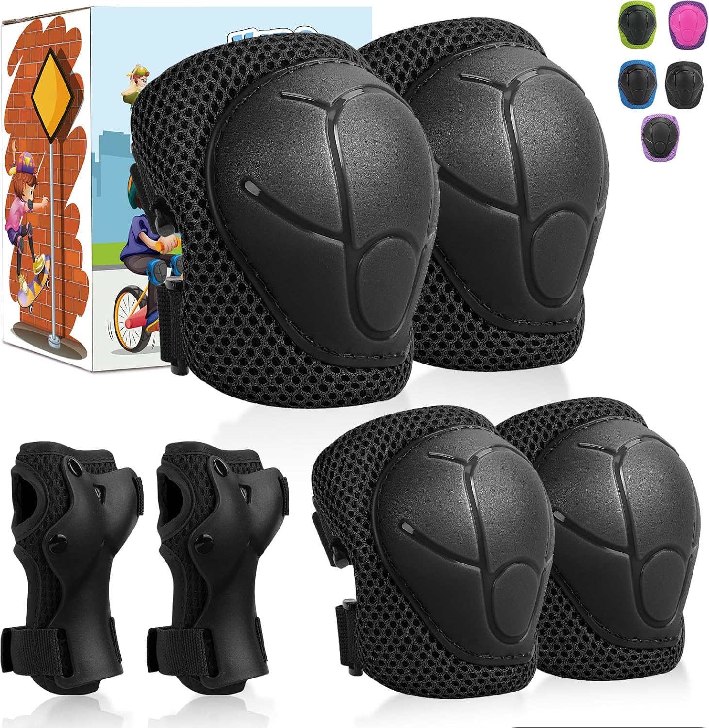 Knee Pads Elbow Pads Ages 3-6 Toddler & 5-8 Kids, 6 in 1 Protective Gear Safety Set with Wrist Guard for Cycling Skateboard Roller Skating Scooter Bike Ski Sports Boys Girls