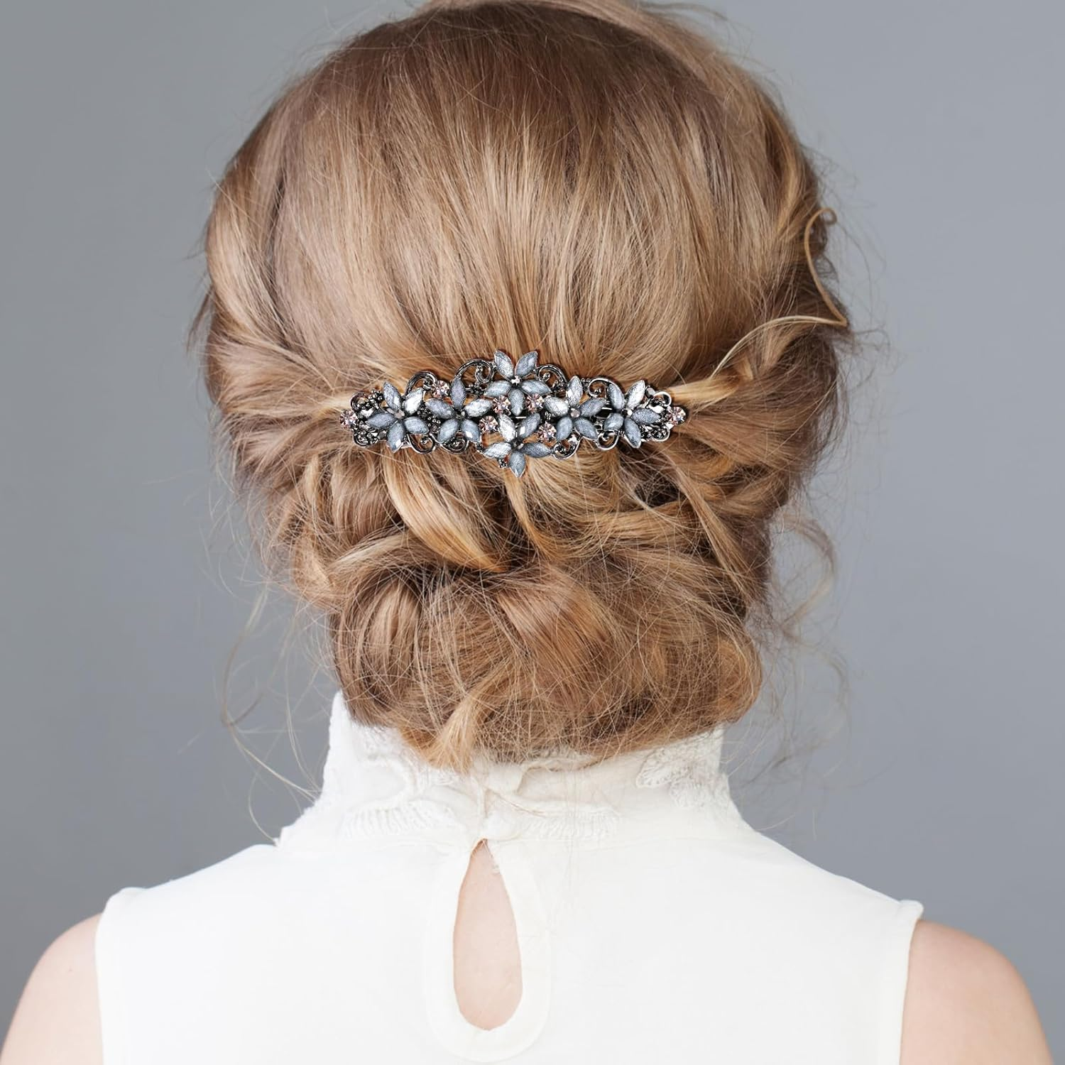 Teaaha Pack of 2 Elegant Hair Clips Women Girls Hair Clip with Crystal Flower Clip Glitter Exquisite Hair Accessories French Style Vintage Hair Accessories (Pink and Blue/Black and Blue) image number 5