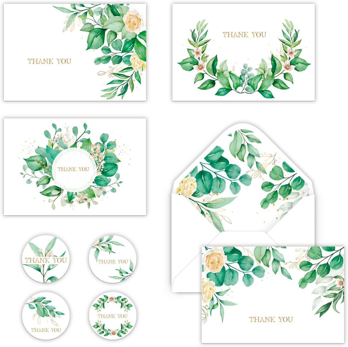 Paper Master 100 Thank You Cards, 4X6 Inch Assortment Blank Thank You Cards with Envelopes and Stickers,Perfect Greenery Greeting Cards for Wedding,Baby Shower, Bridal Shower and All Occasions image number 4