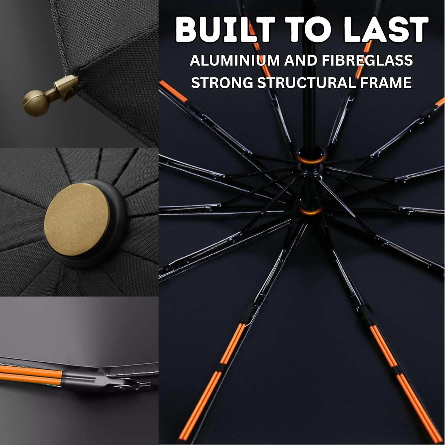 Windproof 12-Rib Auto-Opening Umbrella with Wooden Handle &ndash; Compact Folding Umbrella for Travel, Strong Rain and Sun Protection, UPF UV, Large Portable Golf Beach Parasol