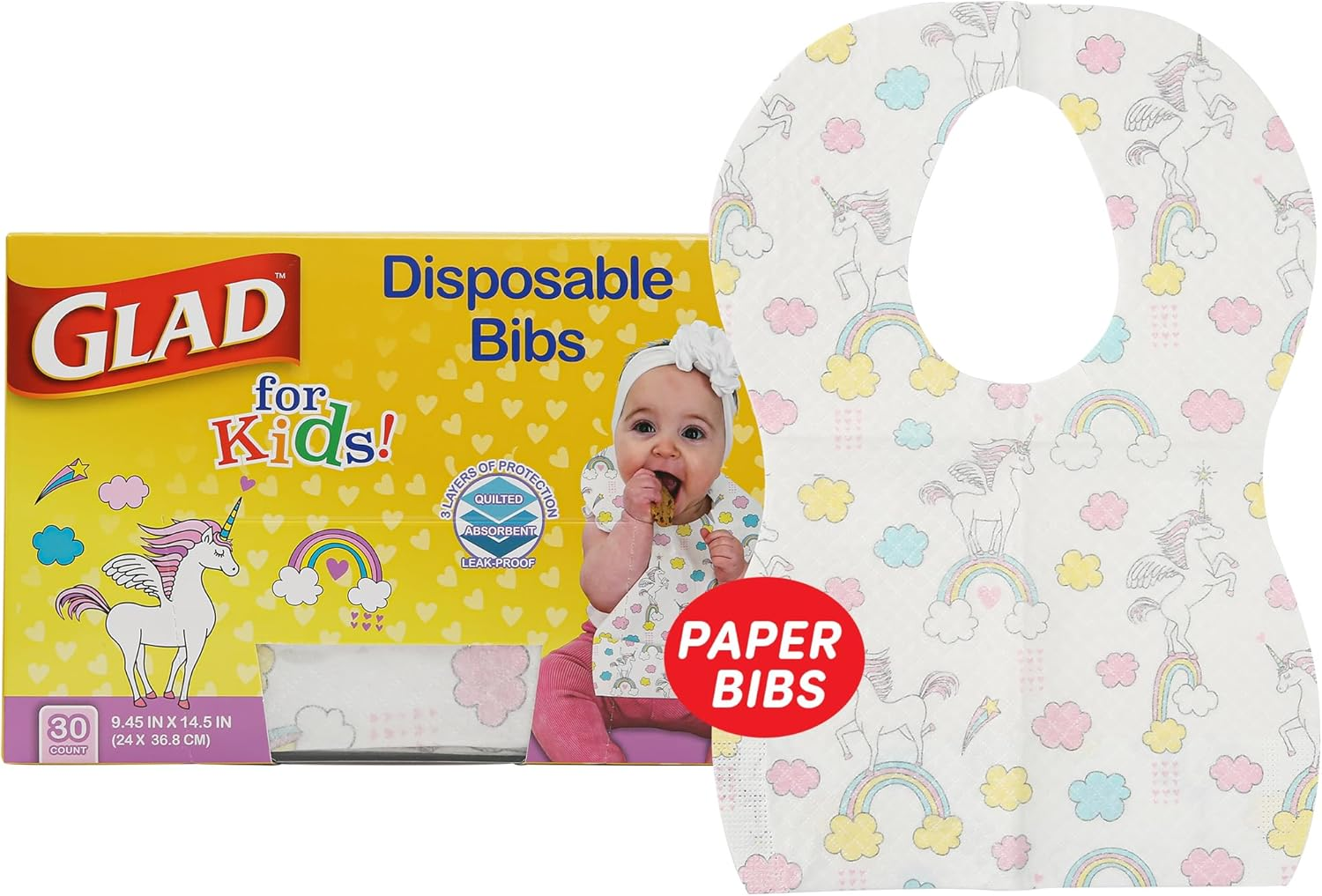 Glad for Kids Shark Disposable Paper Bibs with Crumb Catcher for Feeding - Absorbent and Leakproof Eating and Travel Essentials for Mess-Free Meals, 30 Count