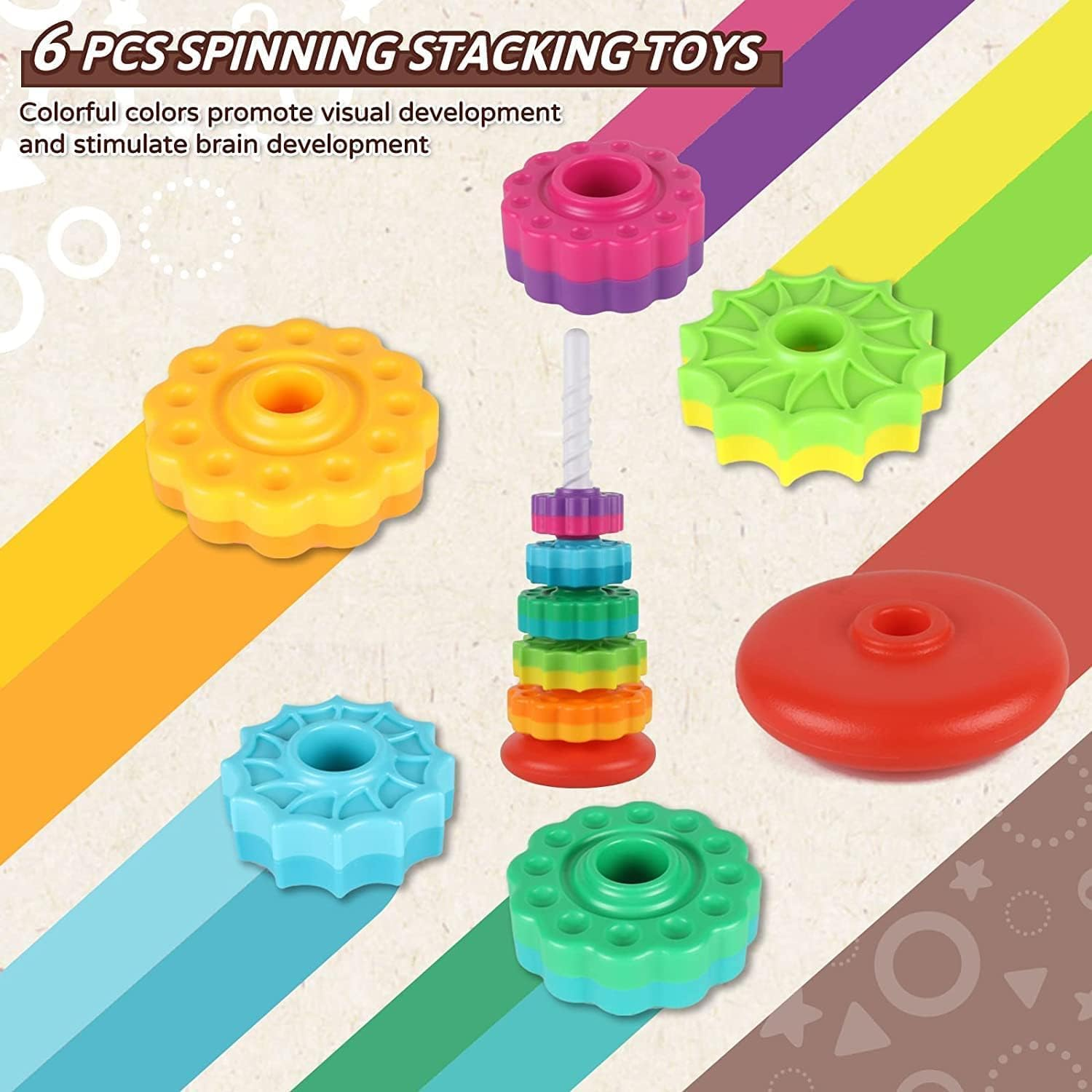 Baby Spinning Stacking Toys for Toddlers 1-3, Rainbow Ring Stacker Montessori Toys for Babies 6-12 Months, 1 2 3 One Year Old Girl Boy Christmas Birthday Gifts, Autism Sensory Learning Toy image number 2
