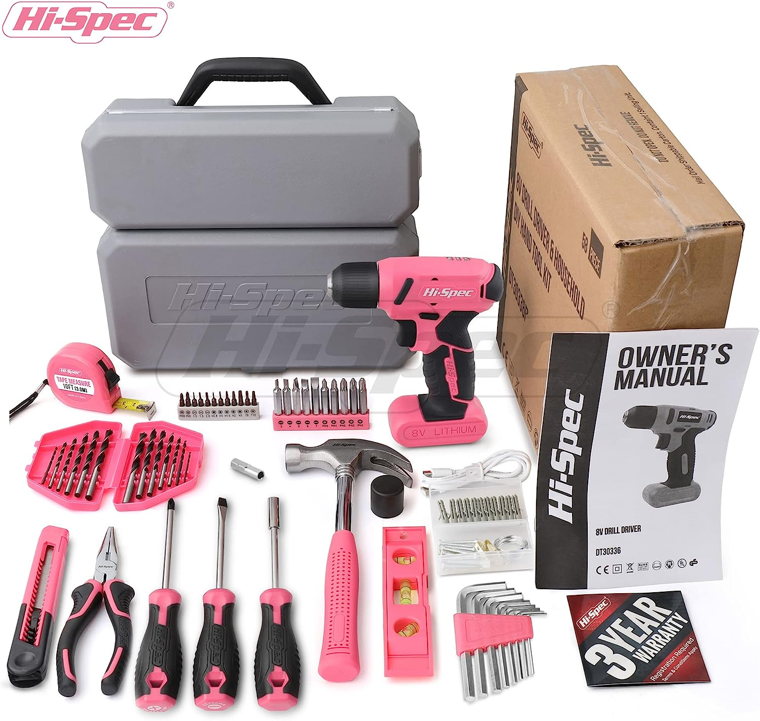 Hi-Spec 57Pc Pink 8V USB Electric Drill Driver & Household Tool Kit Set with Variable Speed DIY Cordless Power Screwdriver image number 1