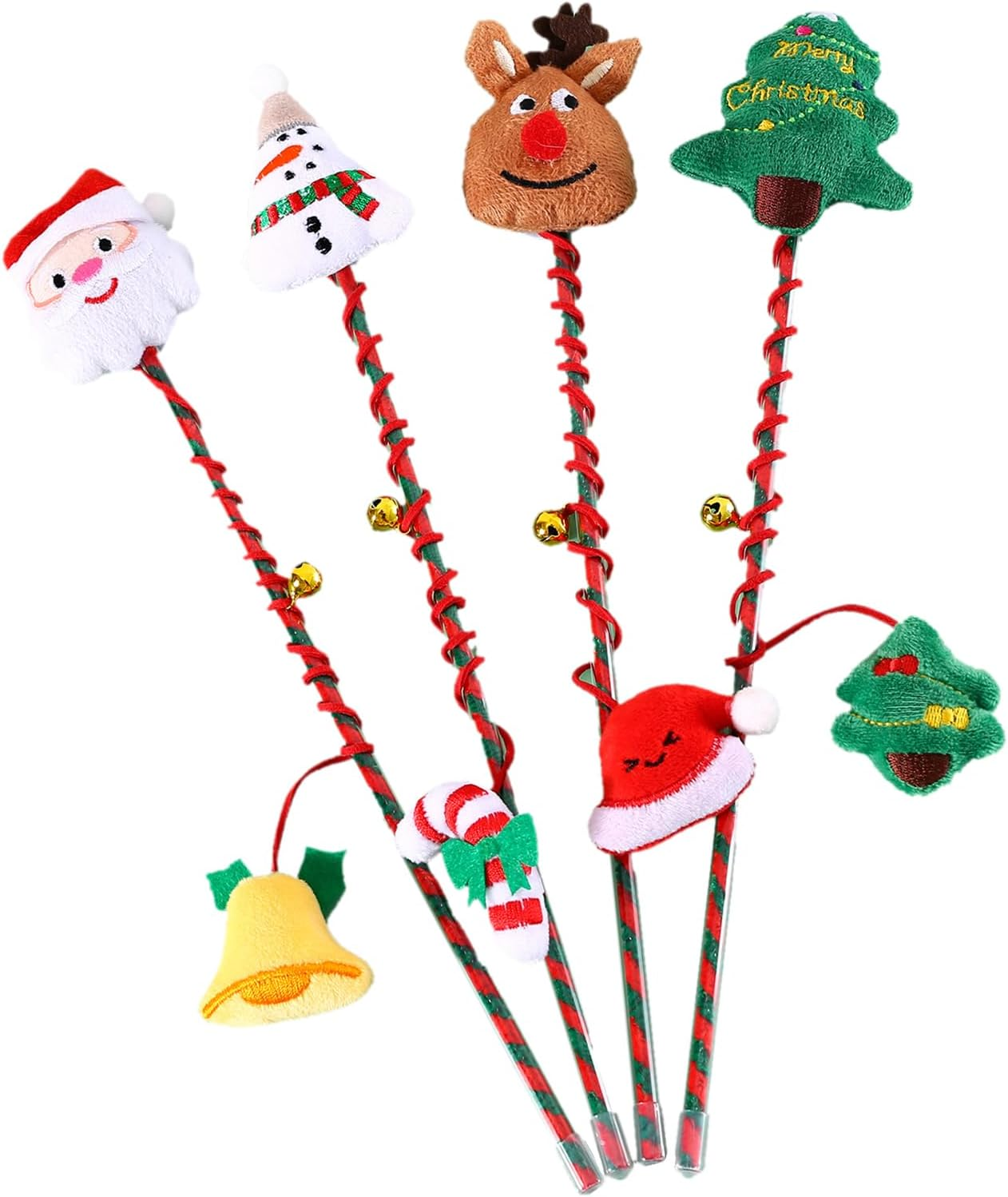 4 Pcs Christmas Cat Wand Toy,Christmas Design Interactive Cat Teaser Wand Toys with Bells,Funny Kitten Stick Toys for Indoor Cats,Christmas Party Cat Toys for Cat Interactive,Training image number 5
