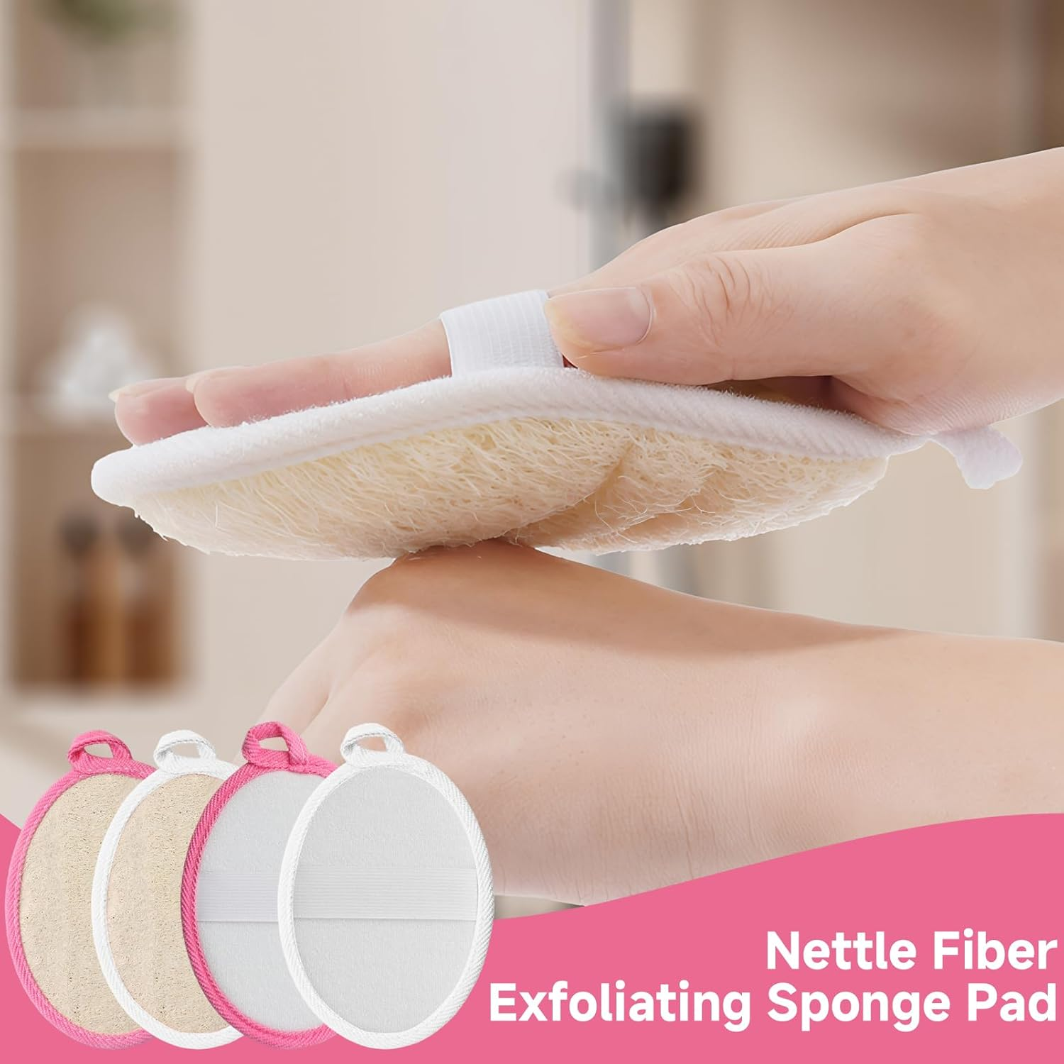 Shingidea 4 Pcs Natural Loofah Sponge Body Scrubbers 11X15Cm with Hanging Rope,Exfoliating Shower Loofah for Women and Men,2 White and 2 Pink Bath Sponges for Daily Skin Exfoliation and Cleansing image number 2