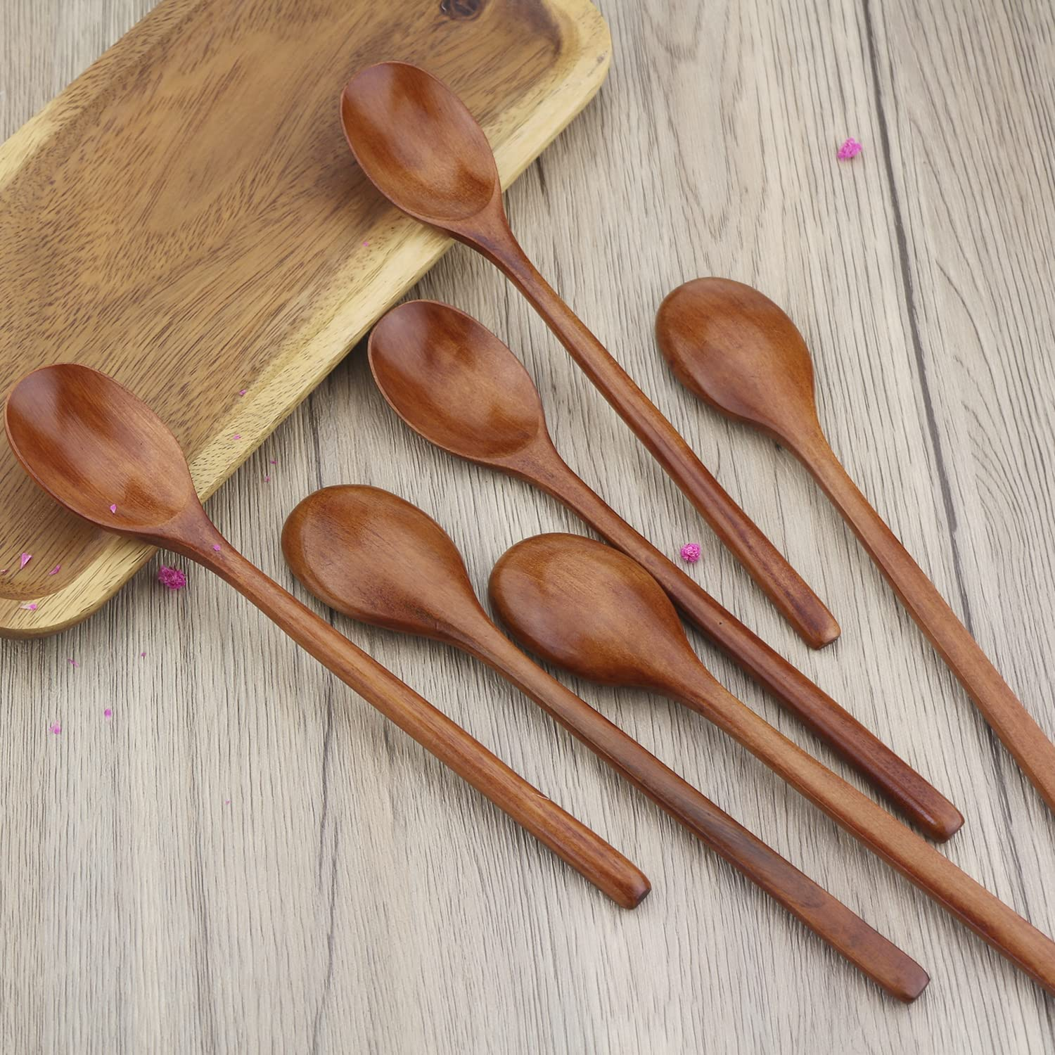 Wooden Spoons, 6 Pieces Wood Soup Spoons for Eating Mixing Stirring Cooking, Long Handle Spoon with Japanese Style Kitchen Utensil, ADLORYEA Eco Friendly Table Spoon image number 2
