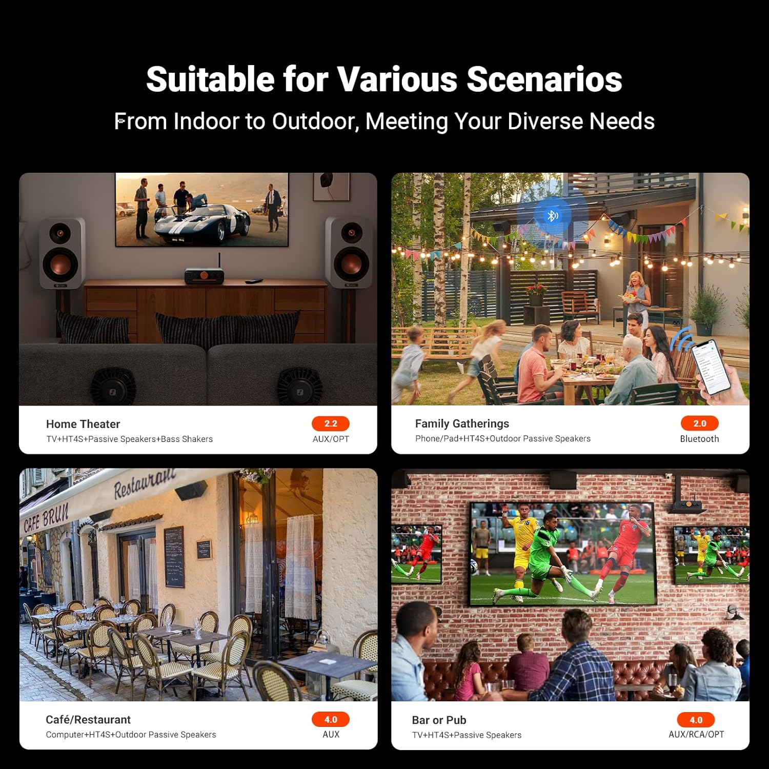 Fosi Audio HT4S Bluetooth Amplifier for Outdoor Speakers, 4 Channel Power Amp for Bass Shaker Sim Racing Cockpit, 4.1/5.0 Ch Stereo Home Audio Receiver, Supports Aux/Optical Input with Remote Control image number 1