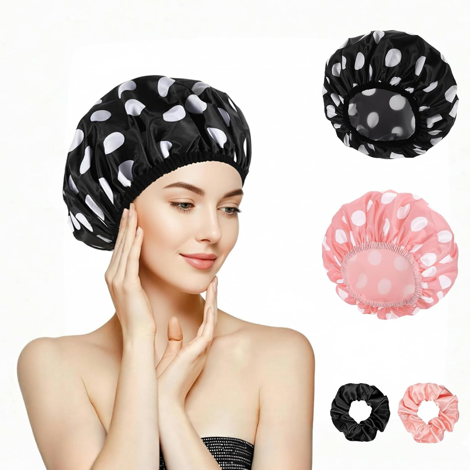 AIAOO Waterproof Large Shower Caps for Women, 2 PCS Reusable Bath Caps with 2 Hair Ties, Double Layers Shower Cap for Long Thick Hair, Fit Bath Cooking Cleaning Spa Skincare image number 4