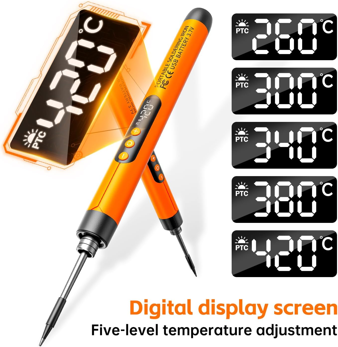 Soldering Iron Kit - Cordless USB Rechargeable Soldering Iron with 3-Speed Temperature Adjustment, Portable Heating Core, Soldering Iron Cord, Rosin, Soldering Iron Stand & Storage Box (Orange) - Orange image number 3