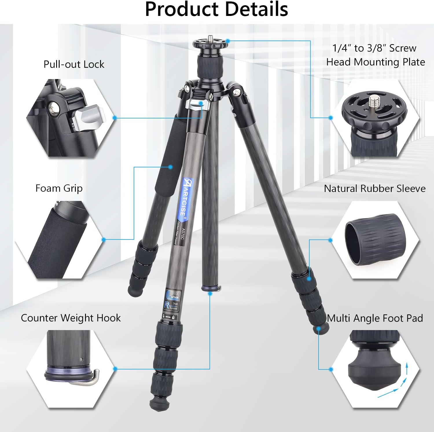69.7" Carbon Fiber Camera Tripod with Low Profile Ball Head ARTCISE Professional Lightweight Compact Tripod with Two 1/4 Inch Quick Shoe Plate for DSLR Camera,Video Camcorder, Max Load 44Lbs/20Kg image number 4