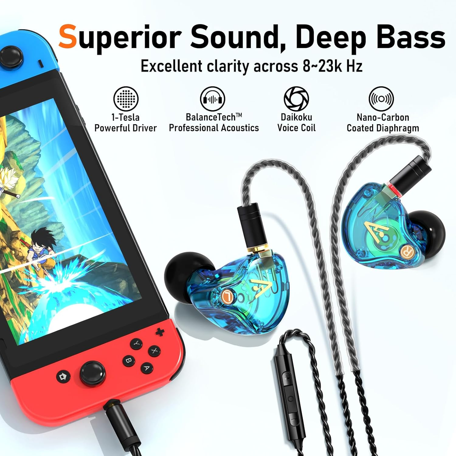 Vibes 202M Wired Earbuds - Hifi in Ear Monitor Headphones, MMCX to 3.5Mm W/Mic, Noise-Isolating Ear Buds & Clear Sound Deep Bass, Comfort-Fit Gaming Earphones - Silver Plated Cord, Carrying Case image number 3