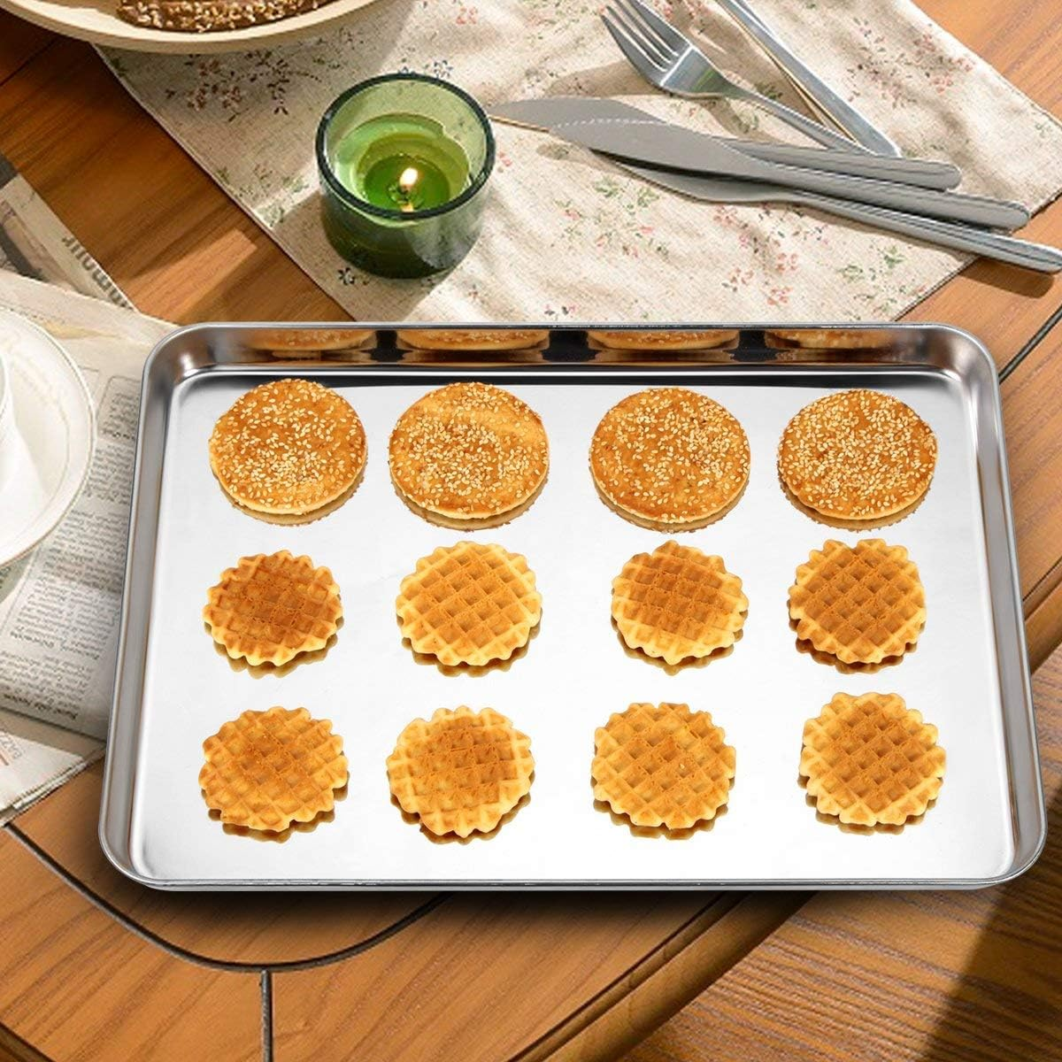 Wildone Baking Sheet with Rack Set [2 Pans + 2 Racks], Stainless Steel Cookie Sheet Baking Pan Tray with Cooling Rack, Size 16 X 12 X 1 Inch, Non Toxic & Heavy Duty & Easy Clean