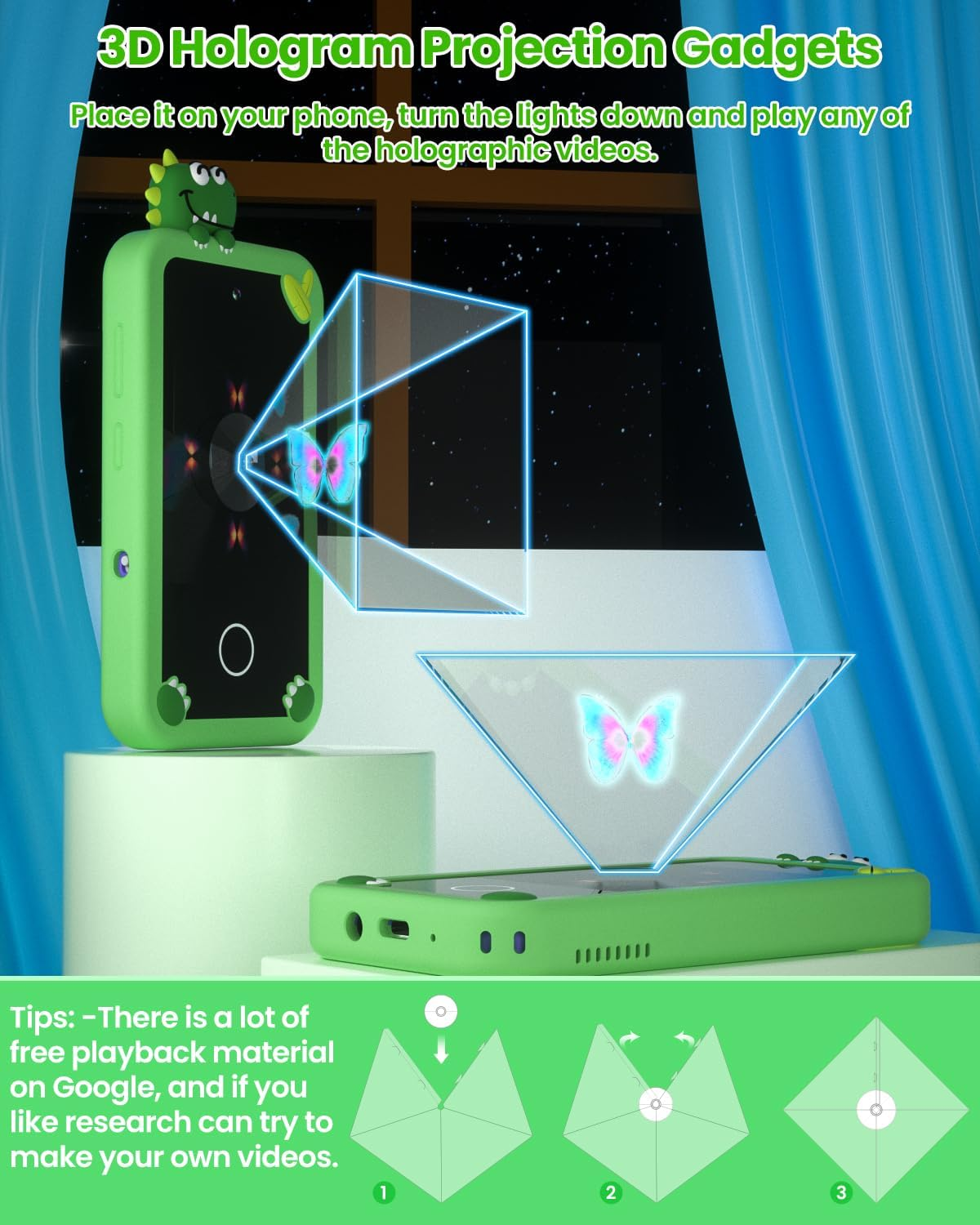 Kids Smart Phone for Boys with 32G Card & Holographic Pyramid, Christmas Birthday Gifts for Age 3-10 Kids Toys Cell Phone, 2.8"Touchscreen Toddler Learning Toy, Dual Lens, Music Player(Green Dinosaur) image number 3
