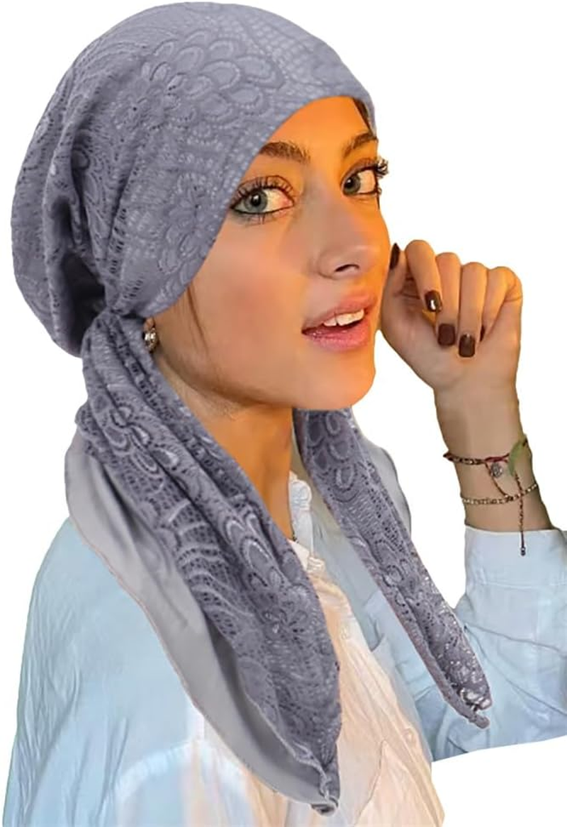 Chemo Headwear Slouchy Beanie Hats for Women Lace Headscarf Elastic Solid Color Turban Beanie Cap Lightweight Hat Scarf