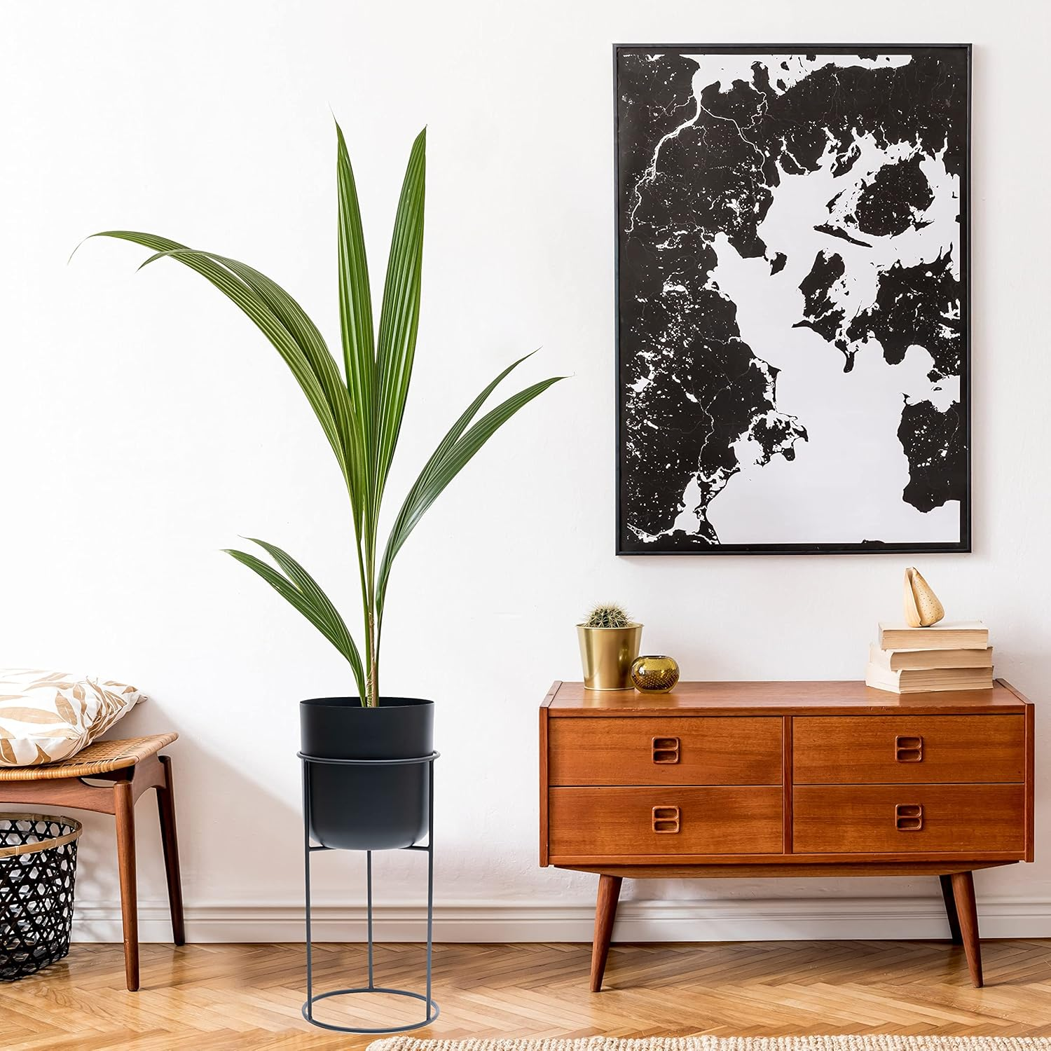 Olly & Rose Matt Black Metal Plant Pot with Black Plant Stand - Tall 50Cm Large Plant Pot Indoors with Stand - Large Decorative Planter image number 4