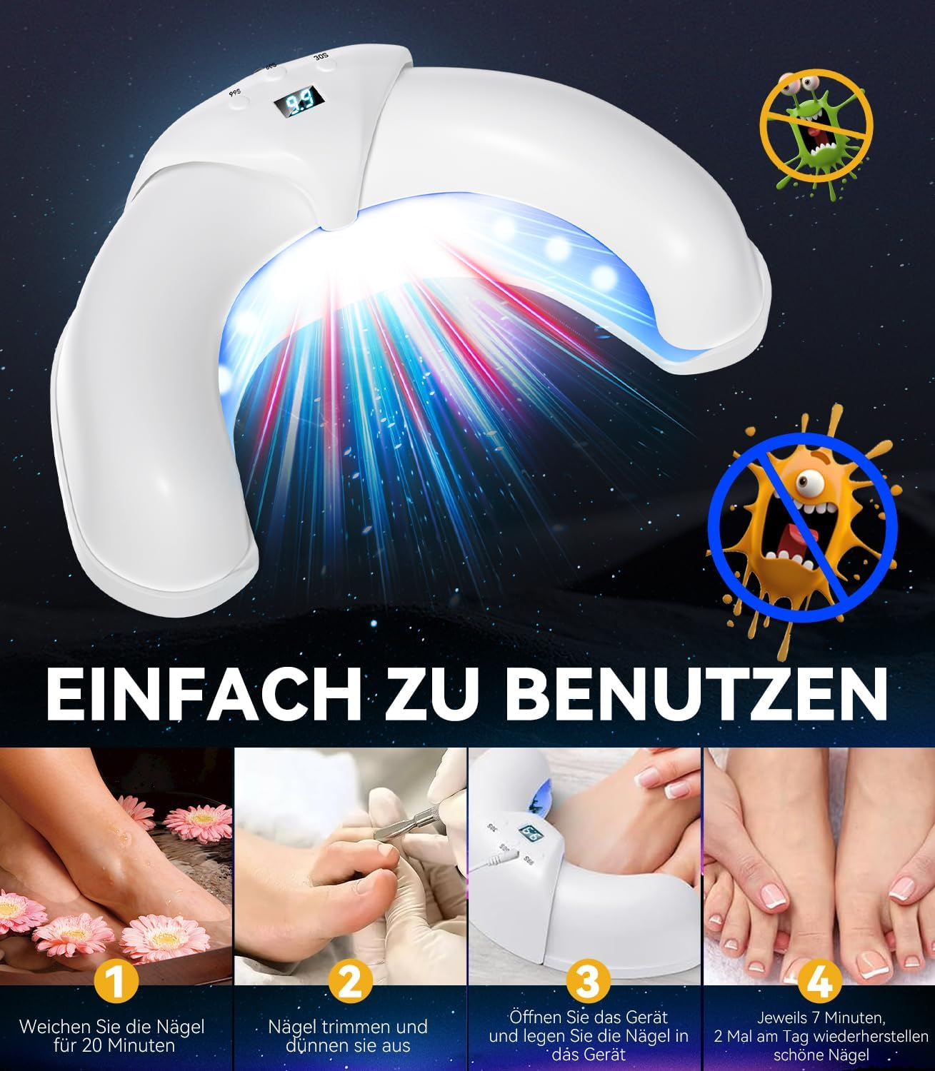 2025 6.0 Nail Fungus Lase, Dual Wavelength Technology, 470 Nm Blue & 905 Nm Infrared, Intelligent 3 Time 30S/60S/99S, Ultraportable Folding Design (White) Antifungal Laser - Black image number 7