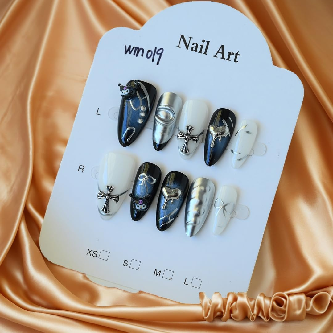 Handmade False Nails Almond Nails Glue Portable with 3D Pattern Cute Cool Style Kuromi Design Removable Artificial Glue Nails for Individual Nail Style image number 3
