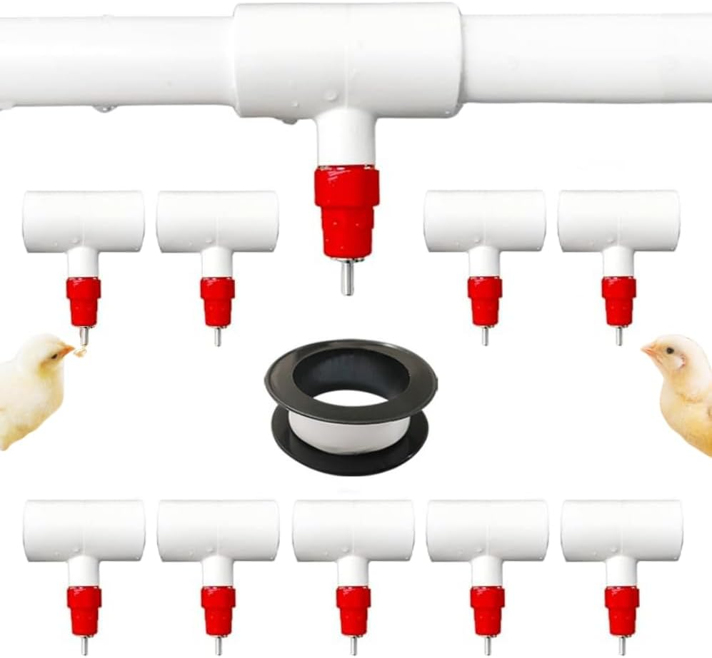 10 Pack Chicken Waterer Nipples & PVC Tee Fittings for 1/2" PVC Piping,Horizontal Poultry Nipples & Tees,Diy Chicken Watering System, Automatic Poulrty Drinking for Chicken,Geese,Rabbits,Ducks,Quail image number 1