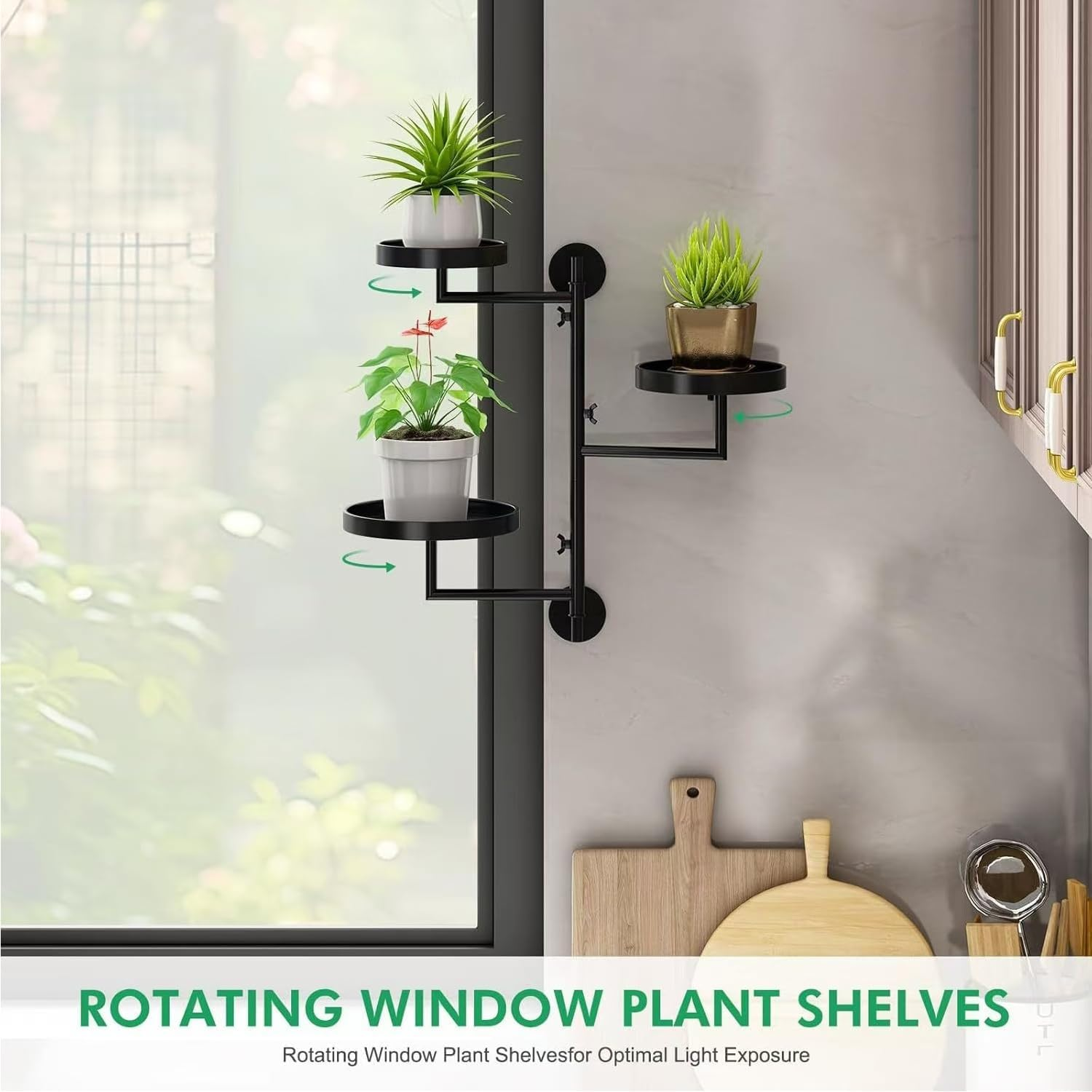 Yharnamite Rotating Plant Shelf, 3 Tier Wall Mounted Plant Holder, Window Plant Stand, Indoor Metal Floating Plants Shelf Hanger for Library, Balcony, Living Room image number 3