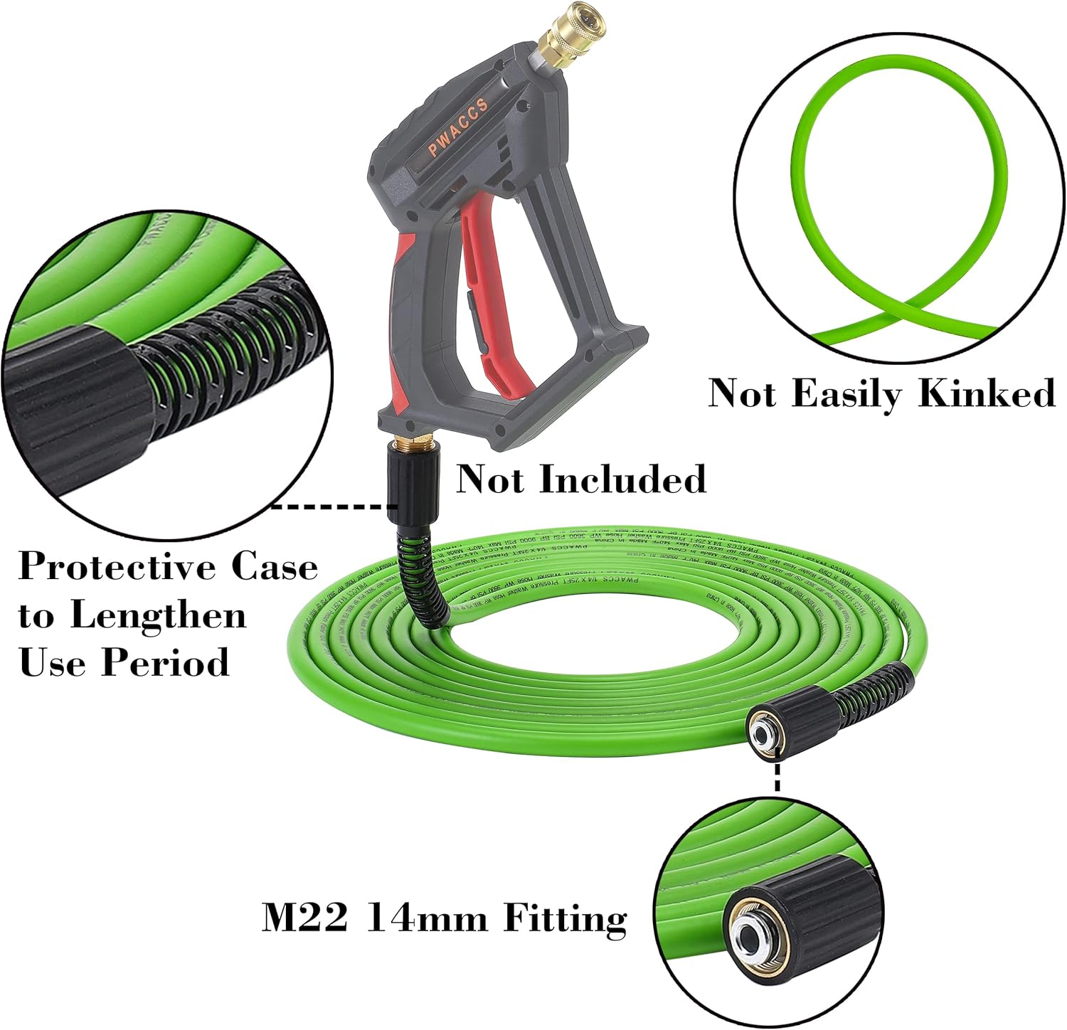 PWACCS Pressure Washer Hose for Power Washer &ndash; 3600 PSI High Pressure Replacement Hose &ndash; 1/4" X 25 FT Flexible Power Washing Extension Hose &ndash; Compatible with M22 Fittings image number 2