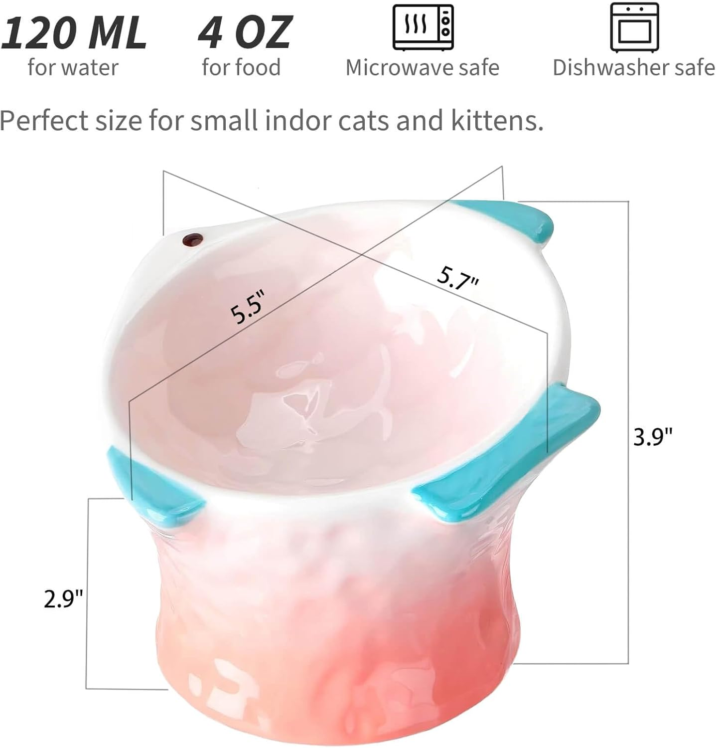 Ceramic Raised/Elevated Cat Food Bowl Set of 2,Ergonomic Cat Feeding Bowls Whisker Friendly,Cute Fish Shape Cat Food and Water Bowl Tilted Cat Bowls for Indoor Cats (Pink, Green) image number 3