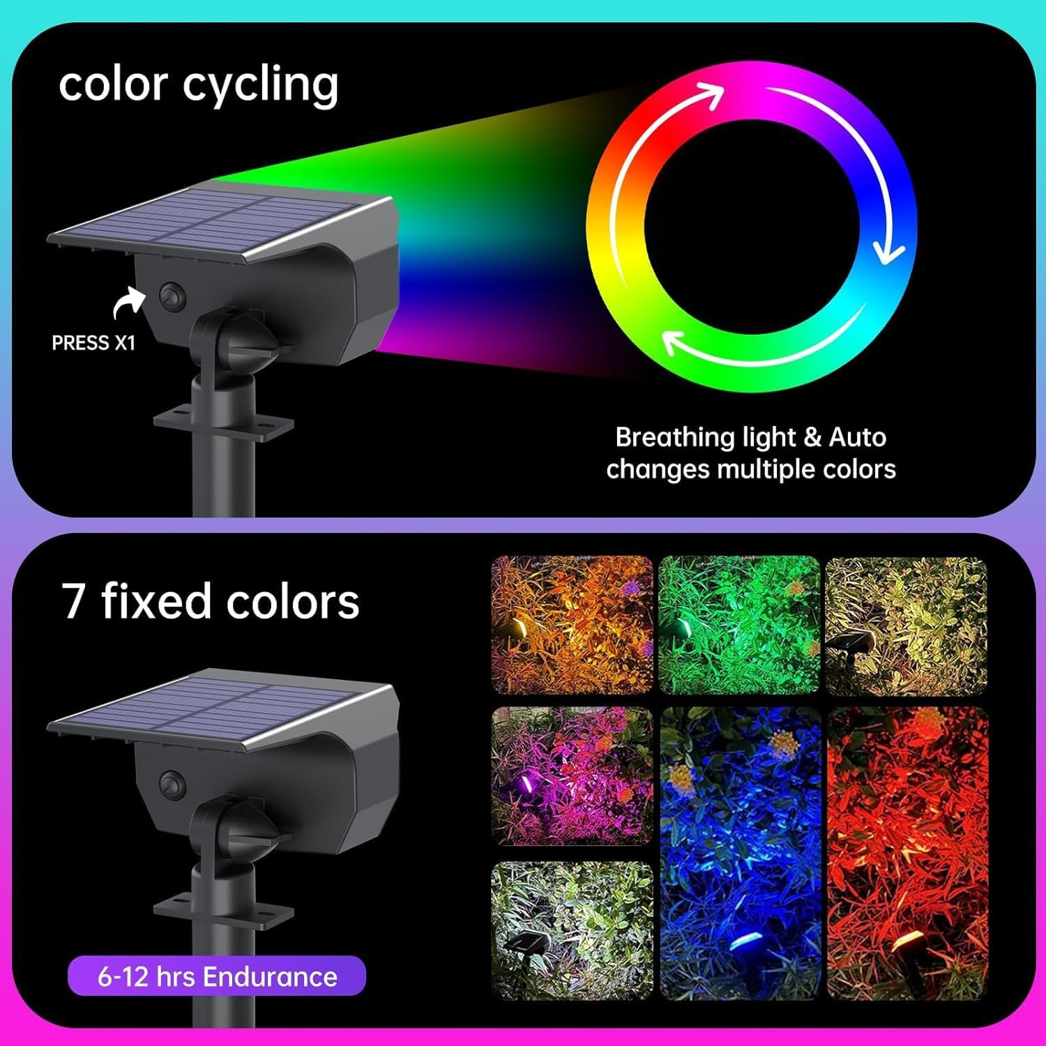 Xmart Solar Garden Lights Outdoor Waterproof IP68 RGB Color Changing 7 Lighting Modes Solar Landscape Spotlight Powered Yard Spot Driveway Auto On/Off Solar Light for Christmas outside Walkway（2 Pack） image number 2