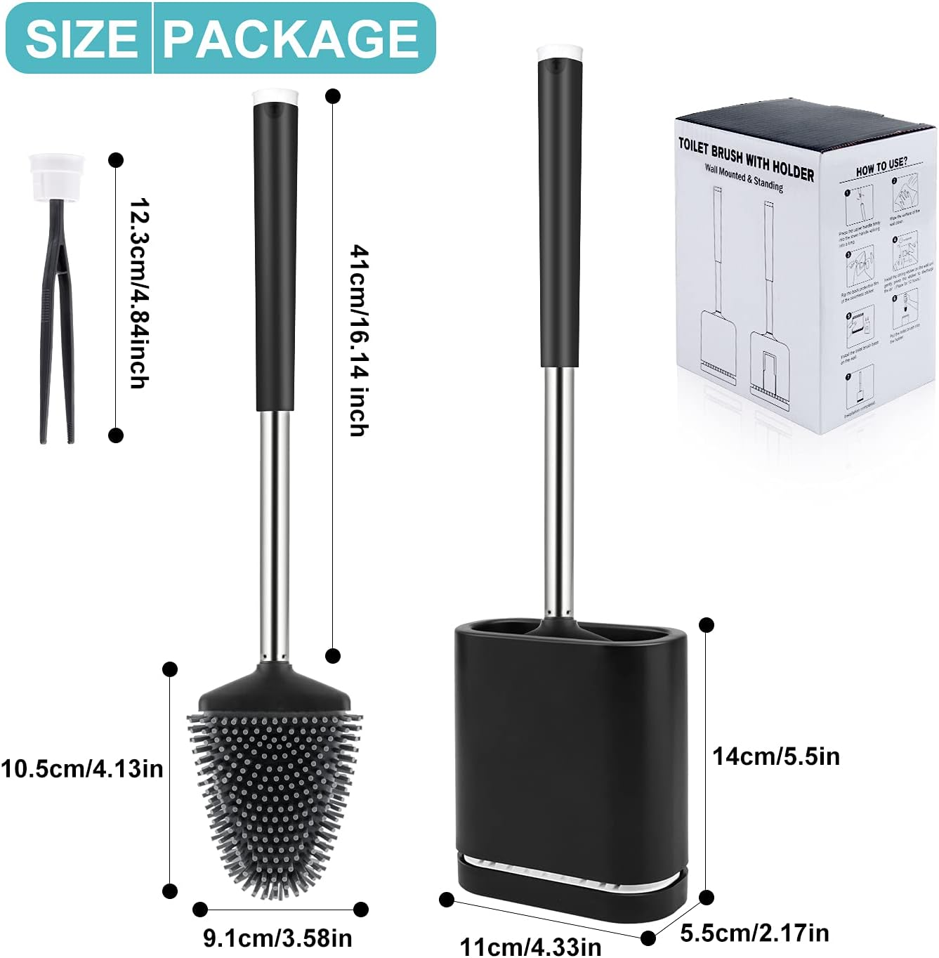 Boperzi Toilet Brush - Silicone Toilet Brush and Holder with Tweezer Wall Mounted, anti Rust Soft Bristles Toilet Bowl Cleaner Brush with Stainless Steel Handle for Bathroom Household Flat Black