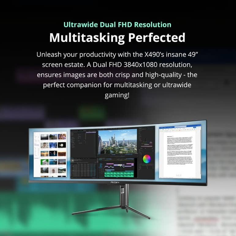 Prism+ X490 49" Curved Super Ultrawide Gaming Monitor, 32:9 DFHD (3840X1080), 144Hz, 7Ms, Adaptive Sync Technology, Ergonomic Stand, Zerobezel, Eye Care Technology, 3 Yrs Warranty image number 3
