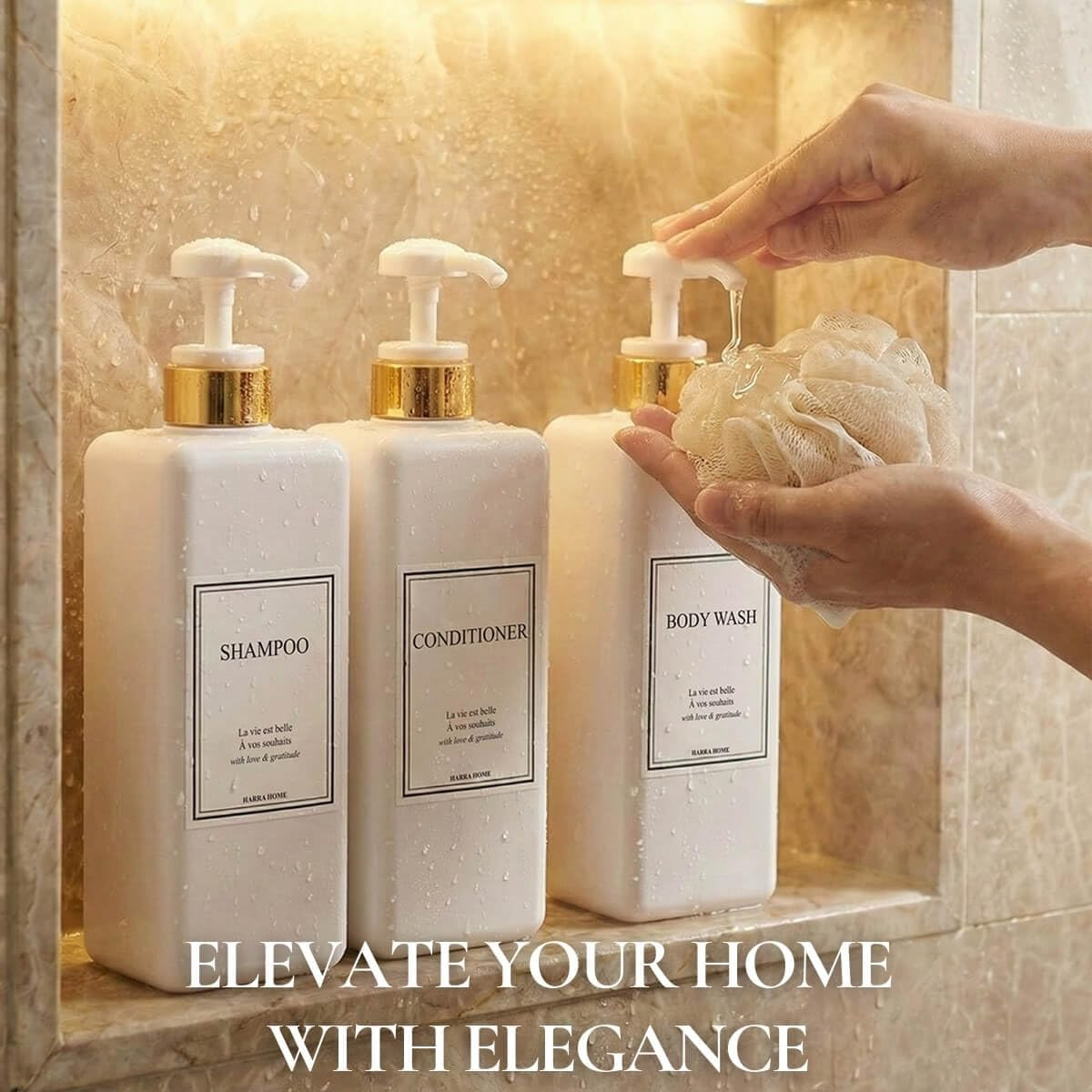 (White) - HARRA HOME Modern Gold Design Pump Bottle Dispenser for Bathroom 800Ml Refillable Empty Shower Shampoo White Plastic Bottles with Pump Set Lotion Body Wash and Massage Oils, Pack of 3 (White) image number 1