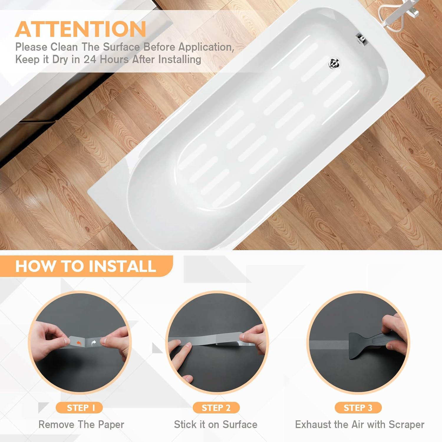 Non Slip Bathtub Stickers, 24 PCS Shower Stickers for Safety Bathroom Tubs, Bathtub Non Slip Stickers and Adhesive Decals Scraper for Bath Tub, Shower Floor, Stairs, Ladders(Clear) - Blue image number 5