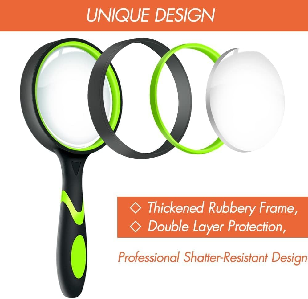 2 Pack 10X Magnifying Glass for Seniors & Kids, Non-Slip Handheld Magnifier for Reading, 75Mm Magnify Glasses Lens for Close Work, Science and Hobby Observation（Green and Orange image number 1