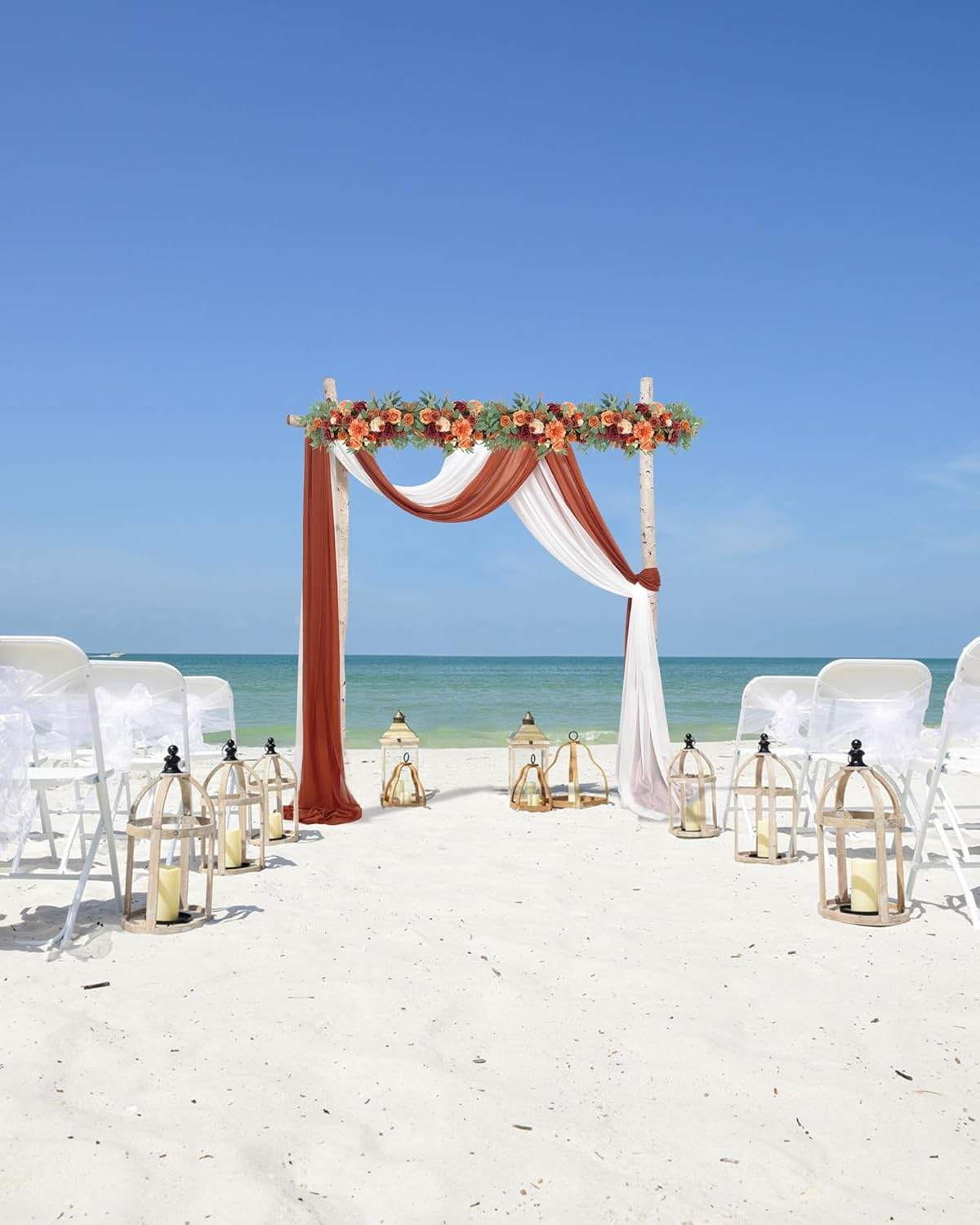 YALLOVE Wedding Arch Draping Fabric, 2 Panel 30" X 236" Drapes Sheer Backdrop Curtain for Ceremony Party Ceiling Decor (White, Terracotta) image number 6