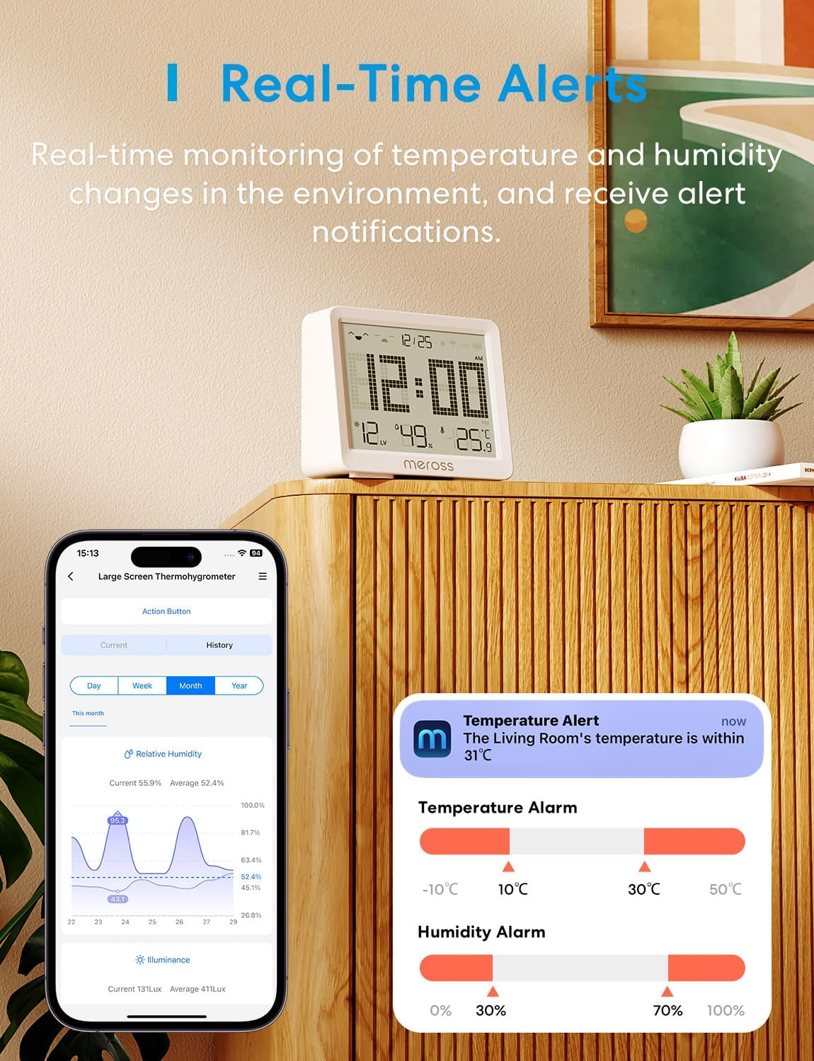 Meross Room Thermometer and Humidity Sensor Kit, Smart Hygrometer Indoor Thermometer, Large 3.7" Display, App Alert, Humidity Meter Compatible with Matter, Homekit, Alexa, Google Home, Hub Required image number 3