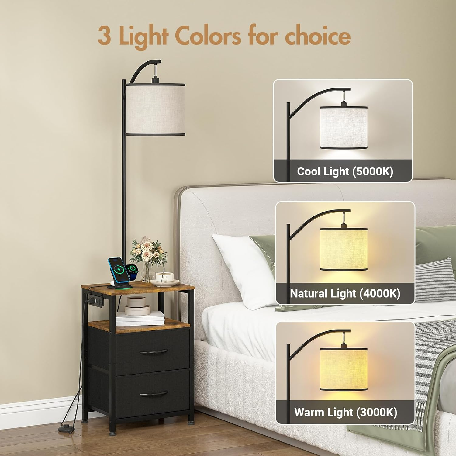 Advwin Floor Lamp with Table & 2 Drawers, End Table with 3 Color Temperature Reading Light, Side Table Lamp with USB & AC Charging Port for Living Room, Bedroom image number 4