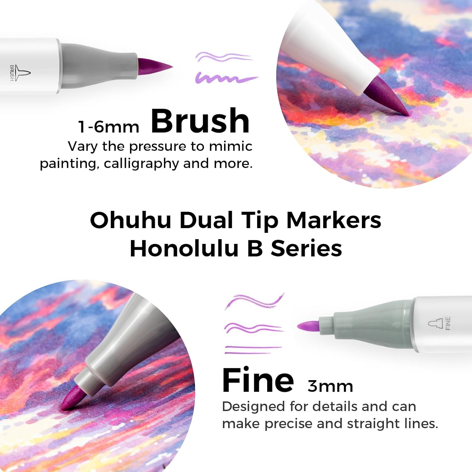 Ohuhu Alcohol Markers Brush Tip - 104-Color Art Marker Set for Artists - Honolulu B Series - Double Tipped Alcohol Based Art Markers for Adults Coloring Sketching Illustration - Dual Tip Brush & Fine image number 2