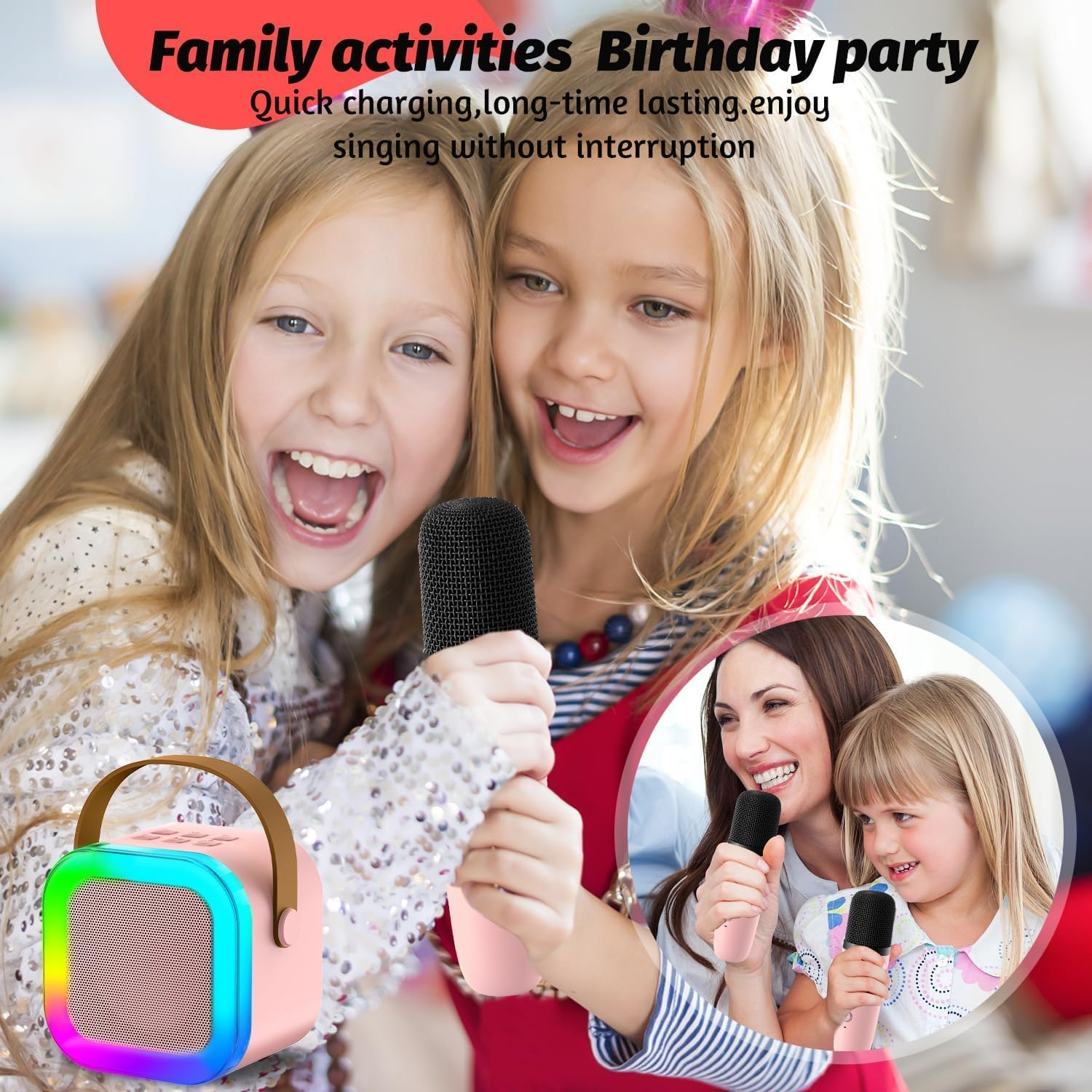 Karaoke Machine for Kids, Mini Portable Bluetooth Karaoke Speaker with 2 Wireless Mics and Led Colorful Lights for Kids Adults, Gifts Toys for Girls Boys Family Home Party (Pink) image number 4