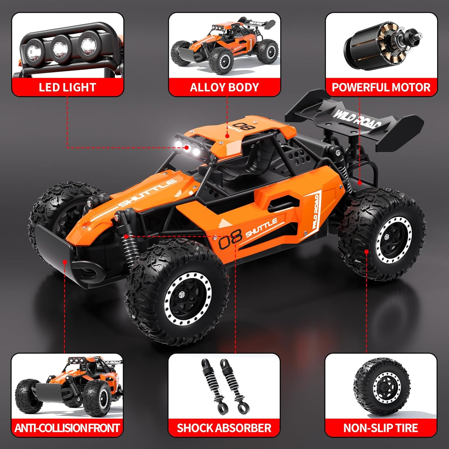 Remote Control Car,1:16 Scale Alloy RC Cars Toys for Boys Kids, 2.4Ghz 4WD Off-Road Vehicle with LED Headlight(Orange) - Black image number 4