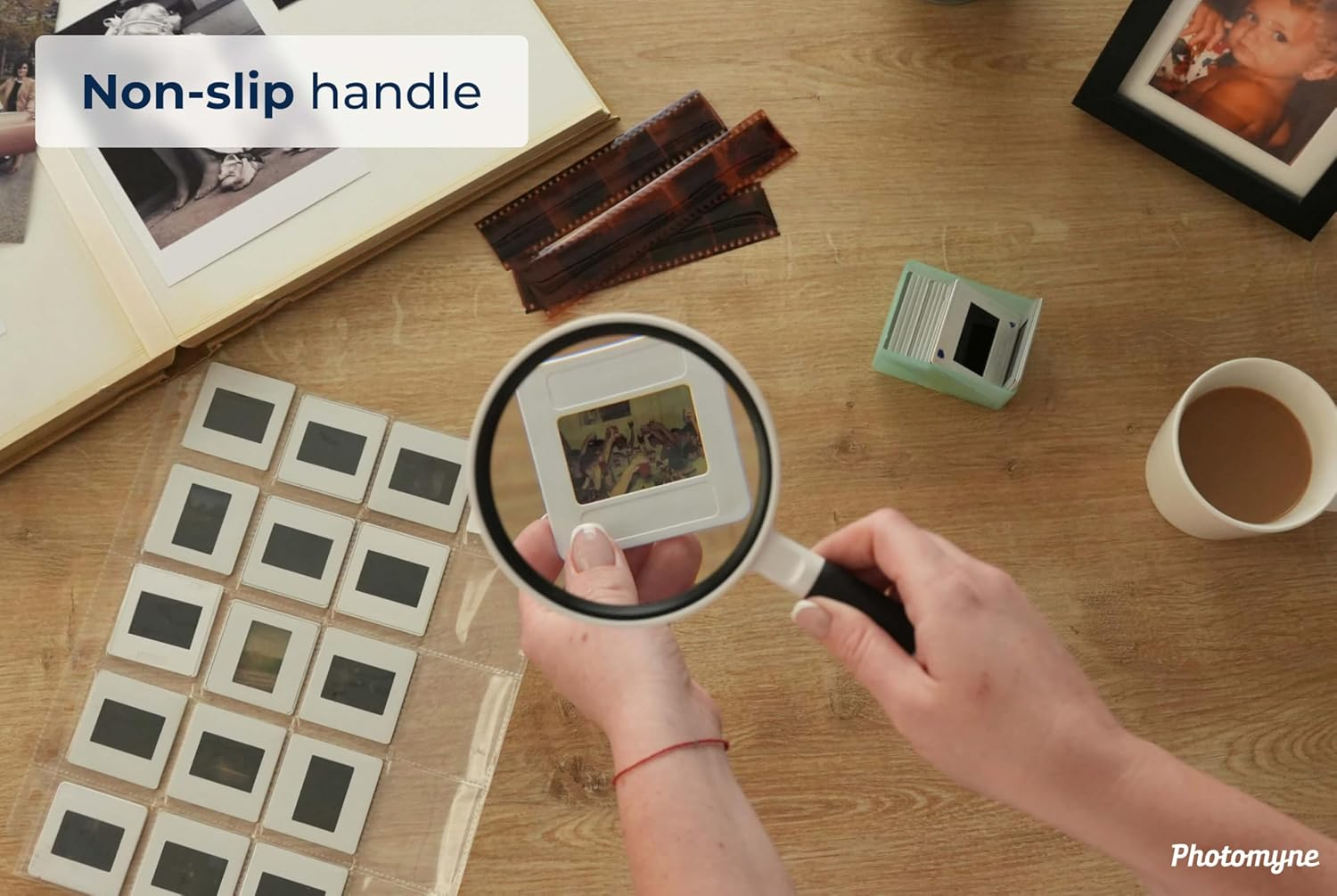 Photomyne Magnifying Glass, 3X Magnification, Perfect for Seeing Small Objects, Photos, Reading, Shatterproof Design, Crystal Clear Acrylic Glass, Portable, Comfort Grip Handle, Kids and Adults