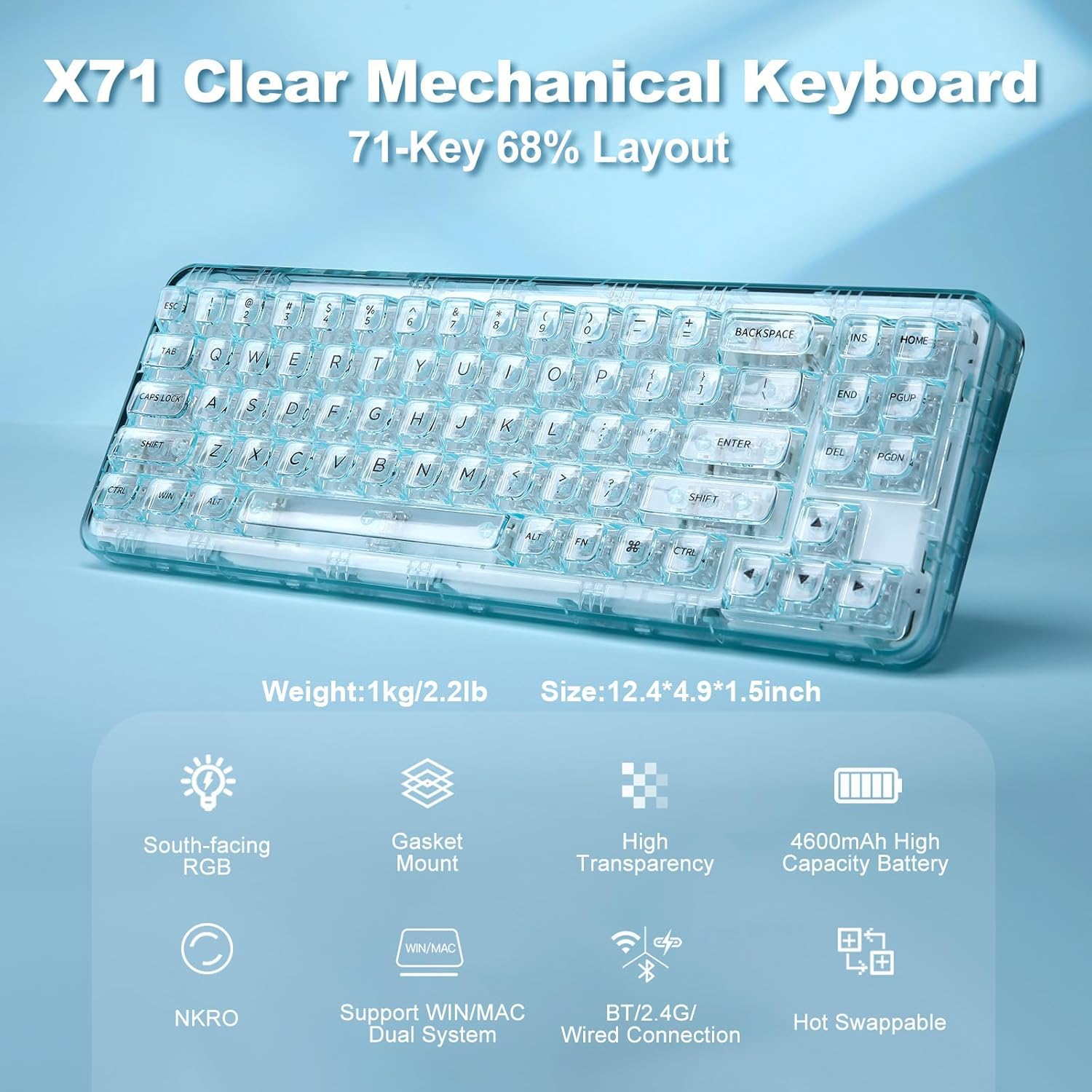 YUNZII X71 Transparent Mechanical Keyboard with Clear Keycaps, BT5.0/2.4G/USB-C Wired Gaming Keyboard 68% 71 Keys,Gasket Mount Wireless RGB Gaming Keyboard for Windows/Mac(Crystal Ice Switch,Cyan) image number 2
