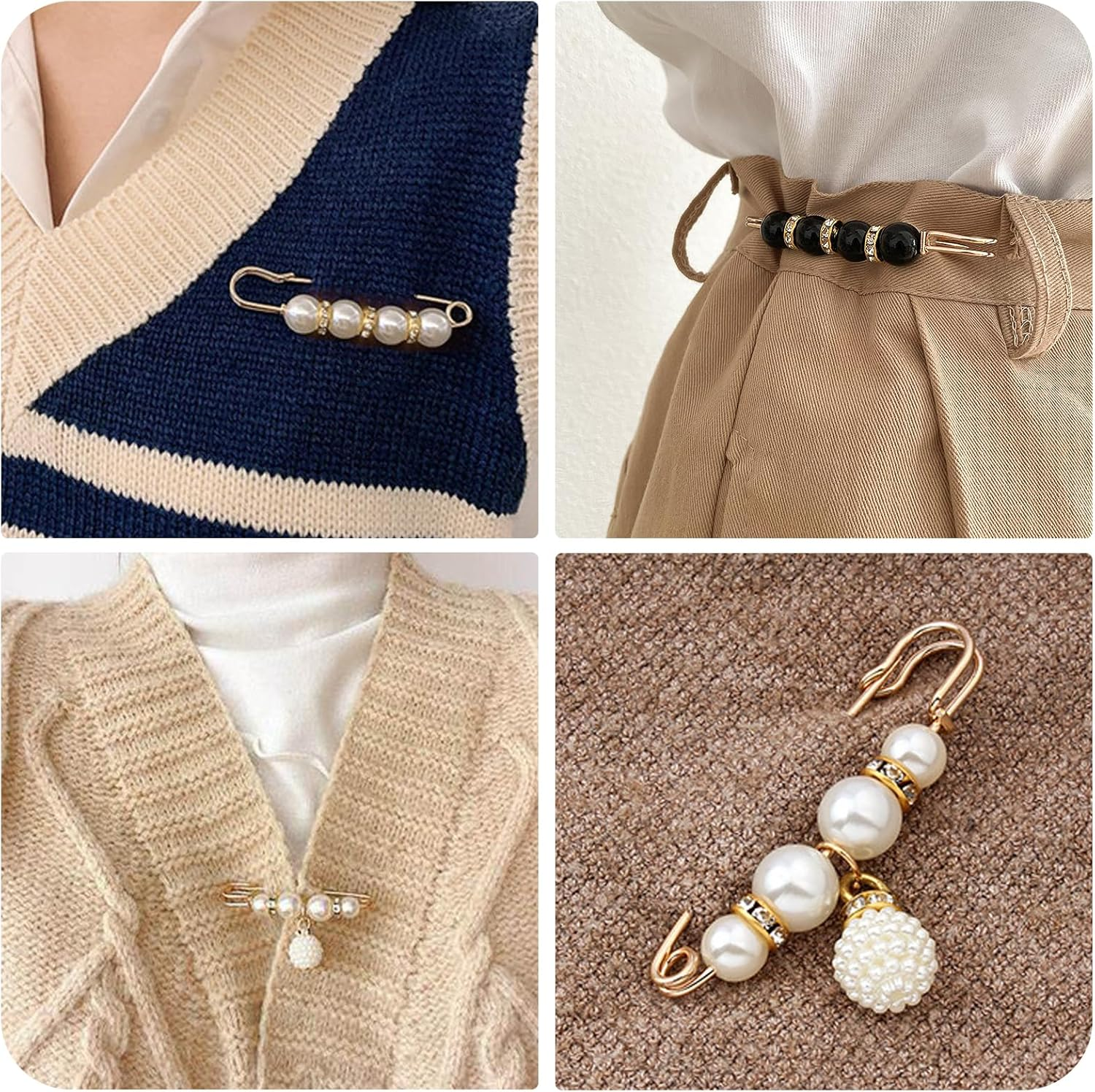 8 Pcs Faux Pearl Rhinestone Brooch Pins, Safety Pins for Clothing, Dress Pants, Skirt, Cardigan, Collar, Pants Extender, Set-A, White image number 4