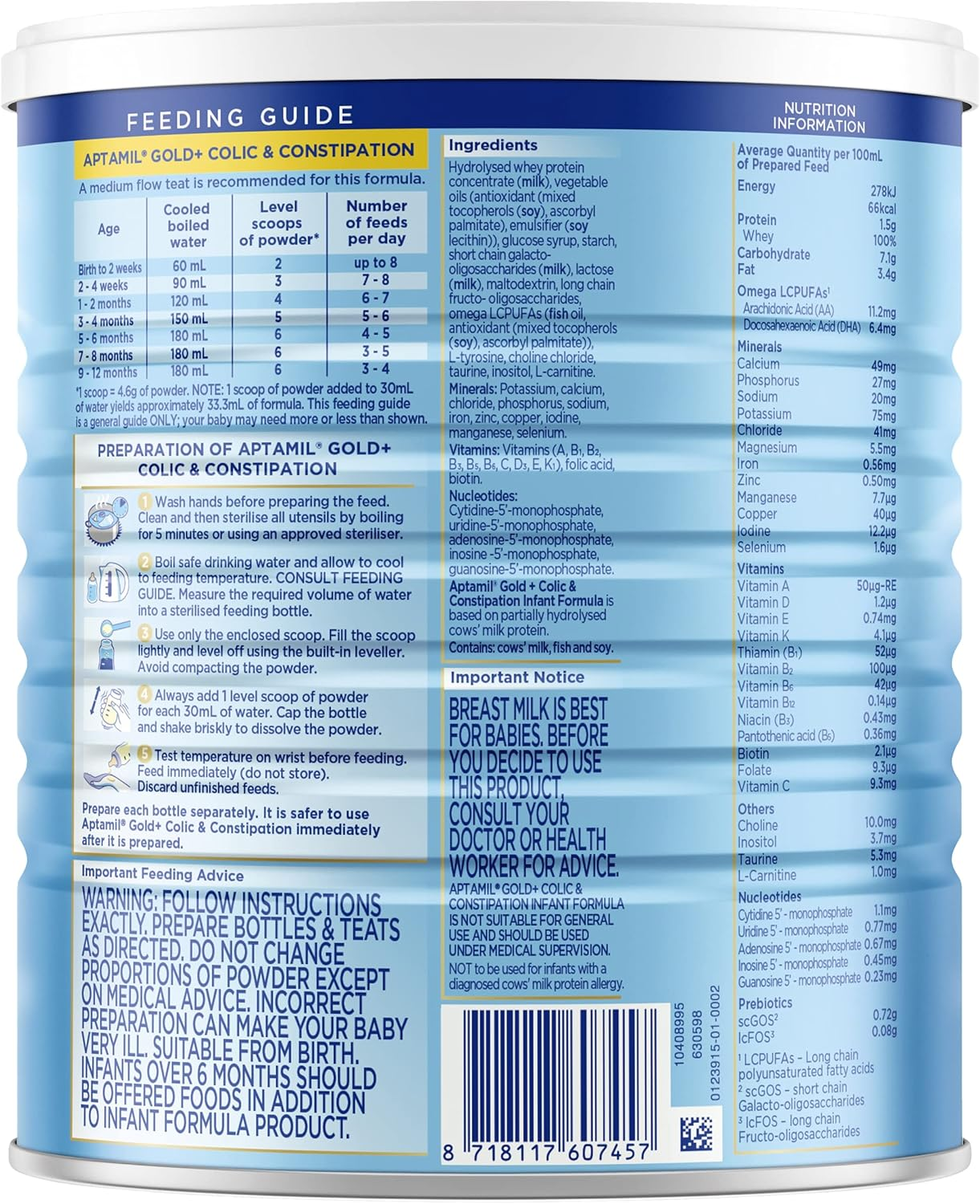 Aptamil Gold+ Colic and Constipation Baby Infant Formula, Nutritionally Supports Infants with Colic or Constipation, Unique Formulation with Broken down Protein, from Birth to 12 Months, 900G image number 5