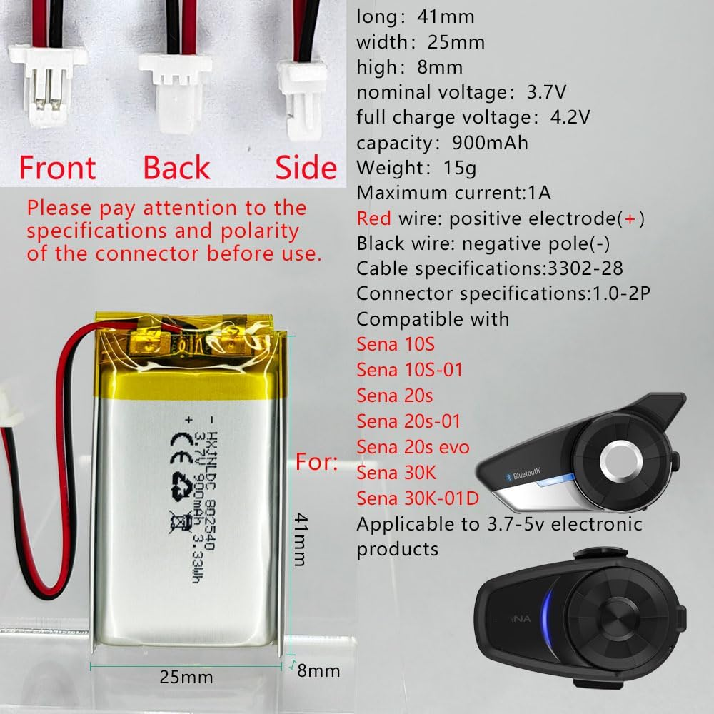 802540 3.7V 900Mah Rechargeable Lithium Polymer Battery, Suitable for Sena 10S 20S 30K Series Motorcycles Bluetooth Headset Intercom Battery Replacement Sena 10S-01 Ena、20S-01、20S Evo、30K-01D - For Sena10C And 10C Pro image number 7