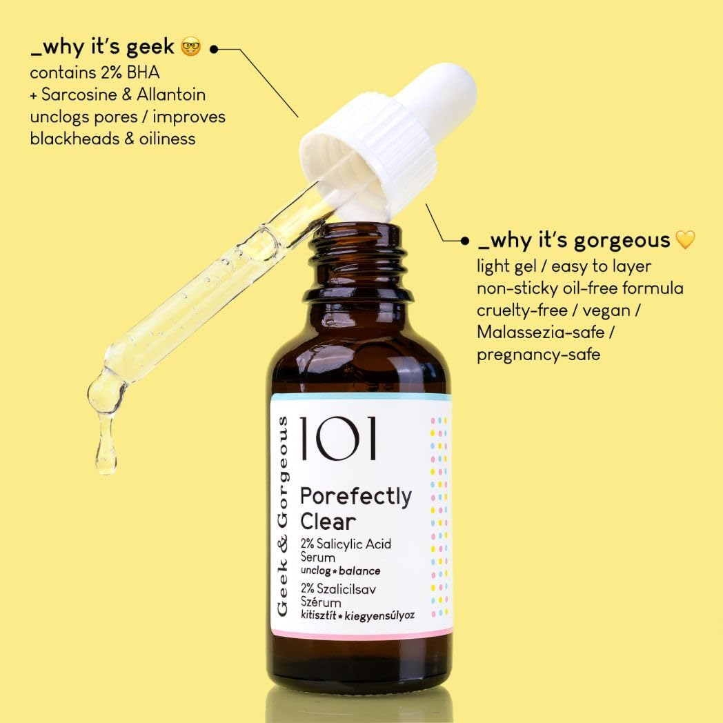 Geek & Gorgeous Porefectly Clear Pore Refining Serum with 2% Salicylic Acid and Sarcosine for Clearer Skin for Combination and Oily Skin 30 Ml