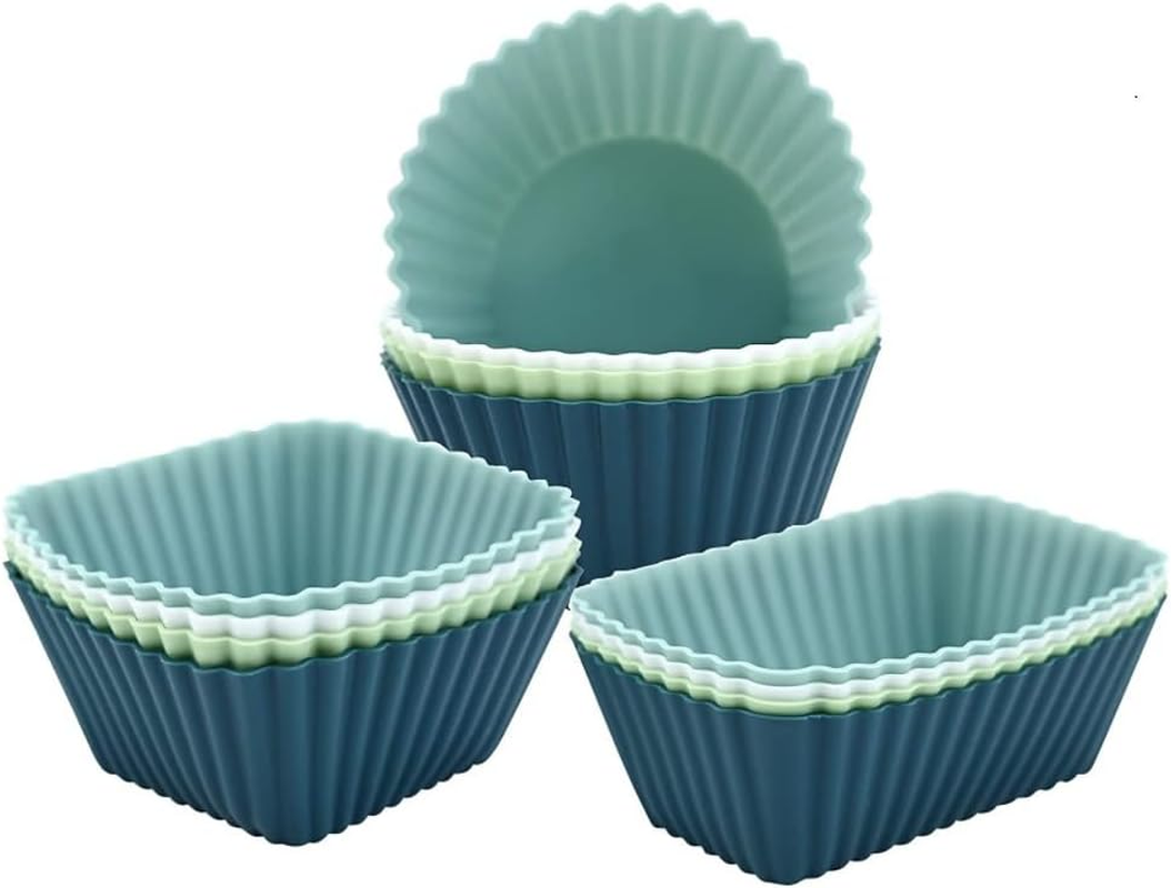 12 Pack Silicone Cupcake Liners, Reusable Baking Cups, Nonstick Muffin Molds, 3 Shapes, Standard Size, Lunch Box Dividers