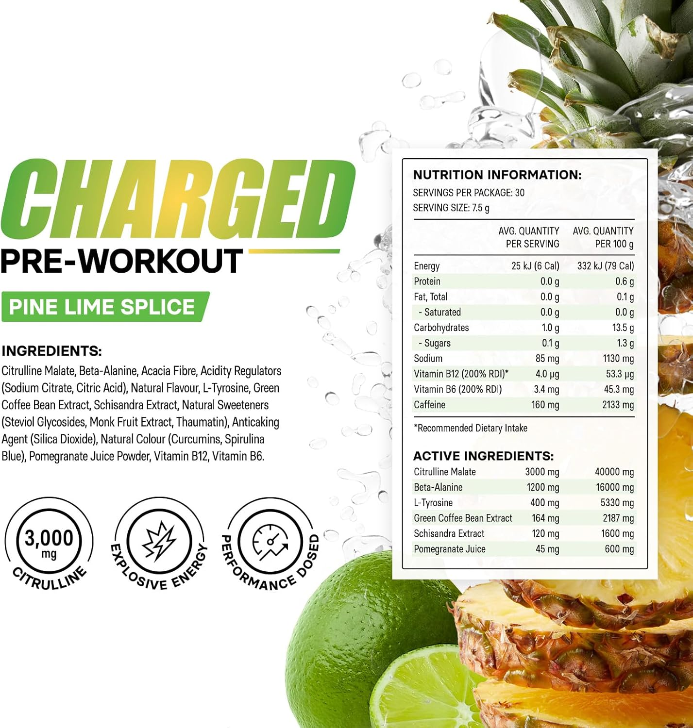 ALPHAFIT Charged Pre-Workout Powder, Pine Lime Splice, Natural Caffeine + Beta-Alanine, HASTA Certified, 225G (30 Serves) image number 3