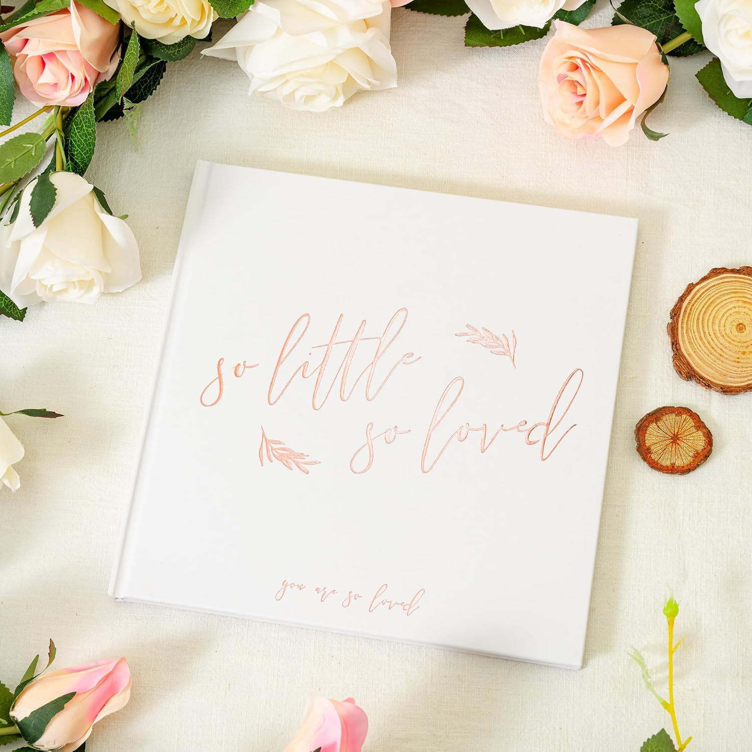 Calculs Baby Shower Picture Book Polaroid 'So Little so Loved' Party Guest Book Babies Scrapbook, White Cover, Rose Gold Foil Stamping, Blank White Pages