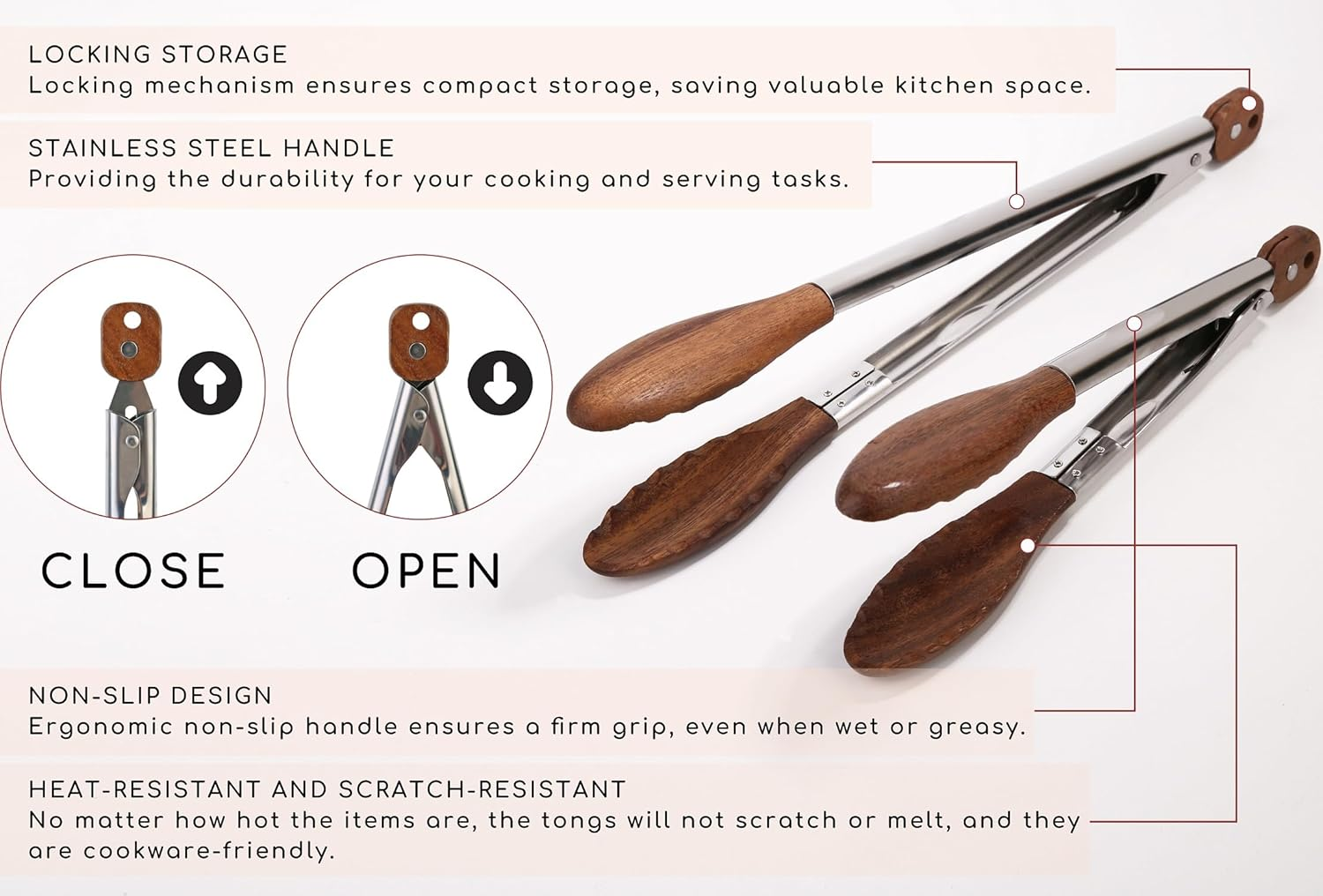 Kitchen Tongs Set - 9" & 12" Anti-Slip Long Wooden Cooking Tongs for BBQ, Grilling, Salad Tossing & Serving - Heat Resistant, Non-Stick Stainless Steel Handles with Hanging Hole image number 3