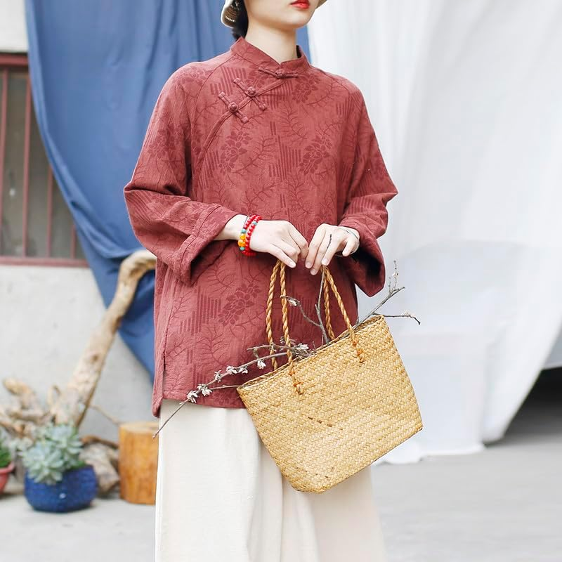 Autumn Chinese Style Blouse Traditional Top Linen Cotton Boho Elegant Women'S Shirt Coffee