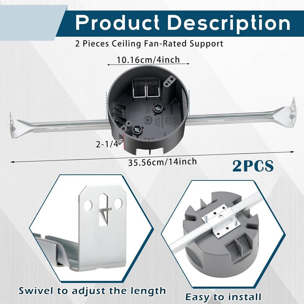 Snblzhef 2 Pcs Ceiling Fan Brace Electrical Box 14.25 to 22.5 Inch Adjustable Electrical Box and Support Bar Fan Bracket Gray image number 3